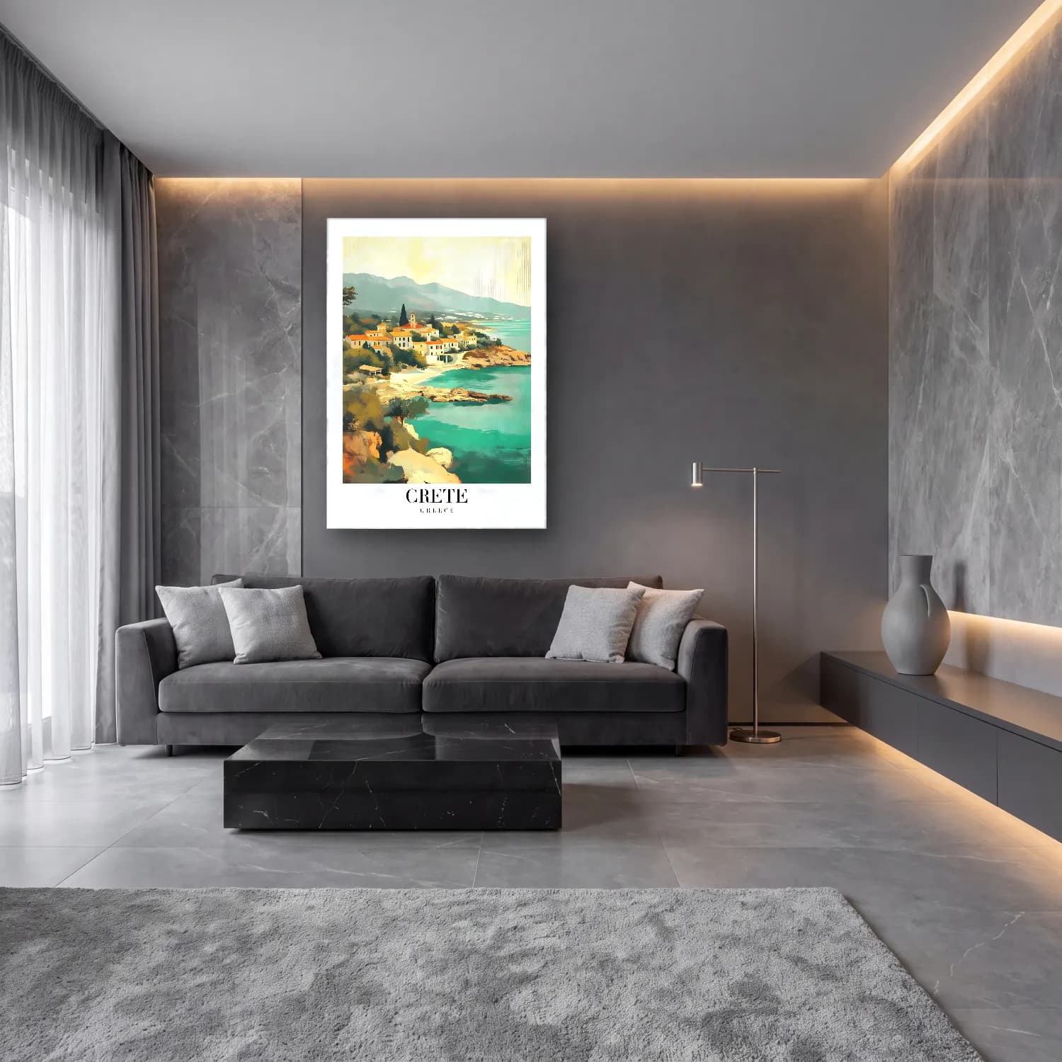 Pastel Akdeniz Sahil Kasabası No. 29 cam tablo — lüks salon duvarında