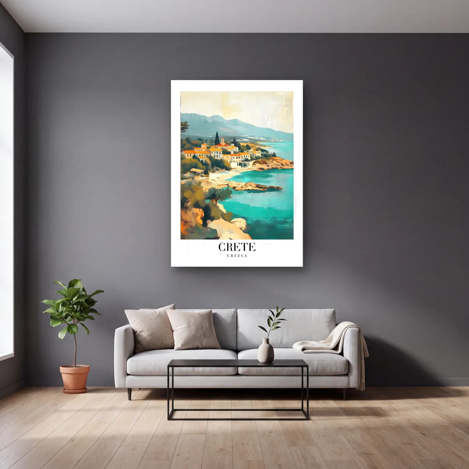 Pastel Akdeniz Sahil Kasabası No. 29 cam tablo — gri duvarlı salonda