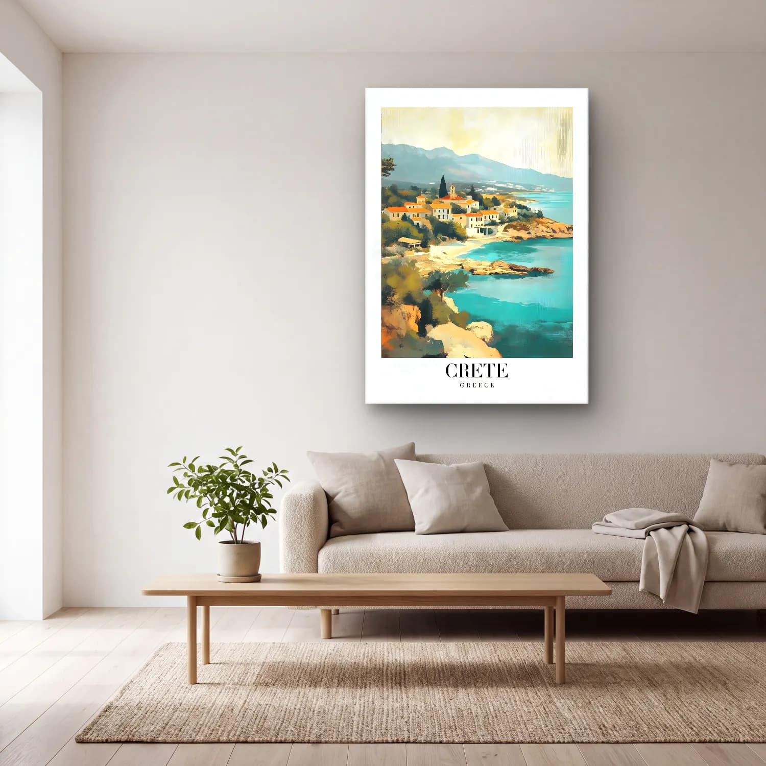 Pastel Akdeniz Sahil Kasabası No. 29 cam tablo — açık renk salonda