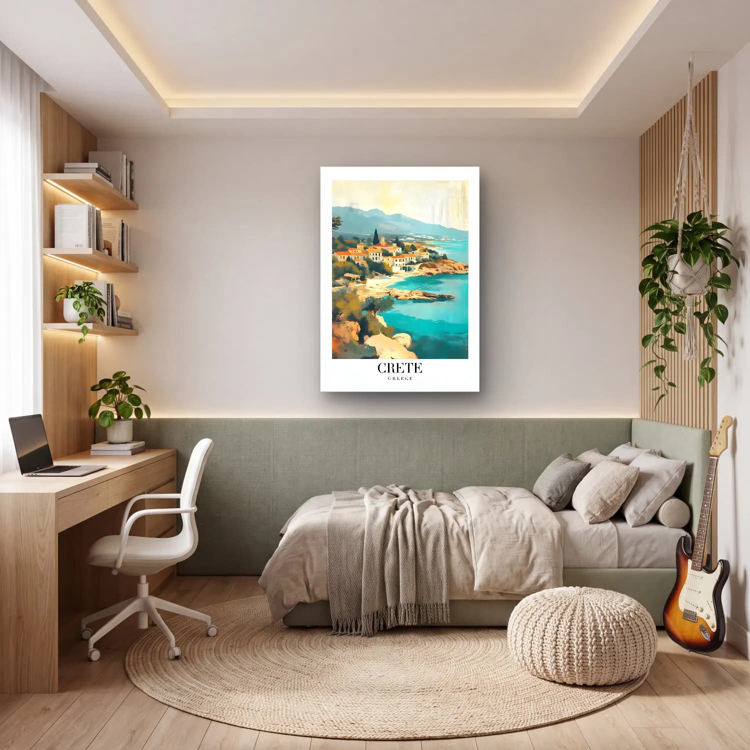 Pastel Akdeniz Sahil Kasabası No. 29 cam tablo — genç odasında