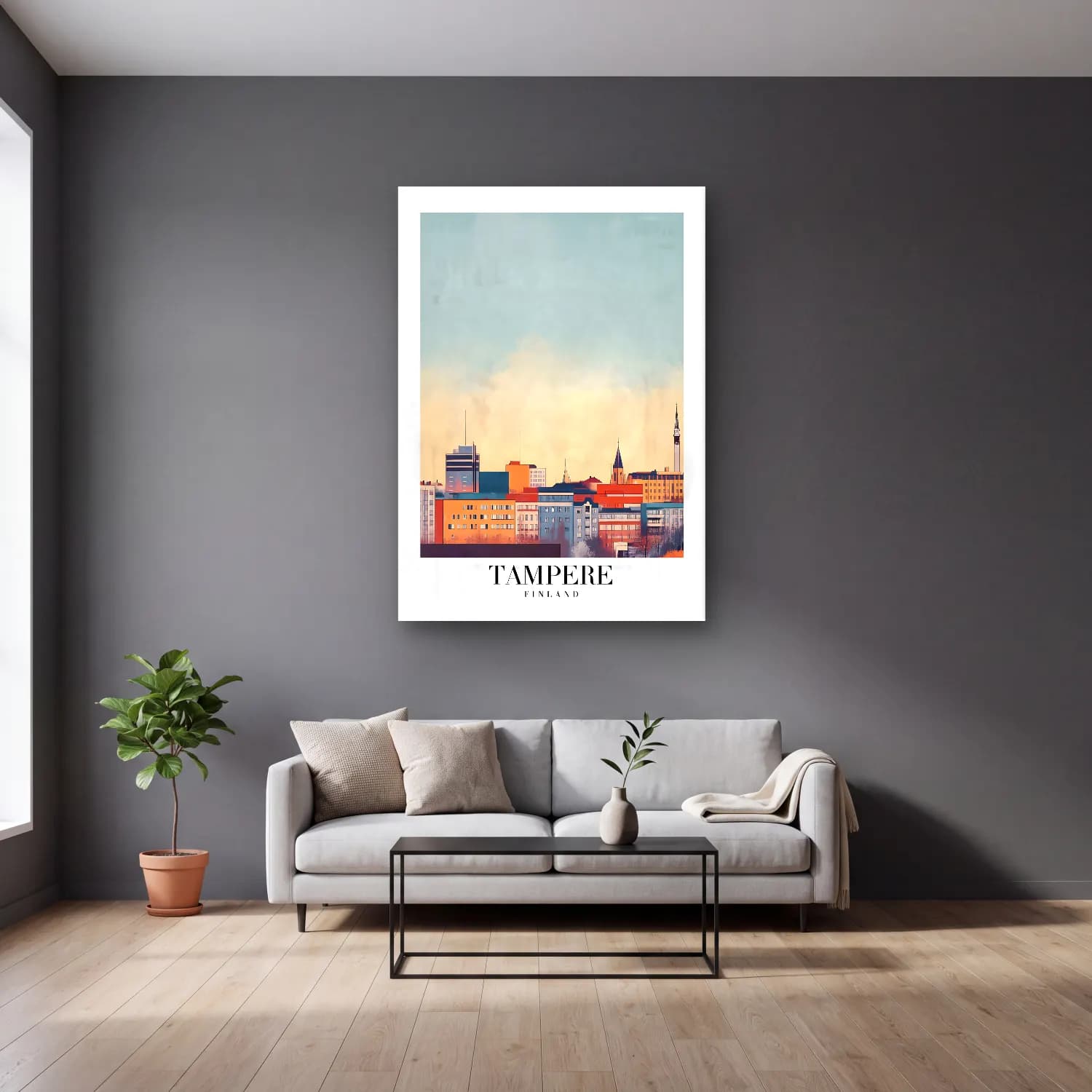 Pastel Gece Şehir – Pastel Tonlar cam tablo — gri duvarlı salonda