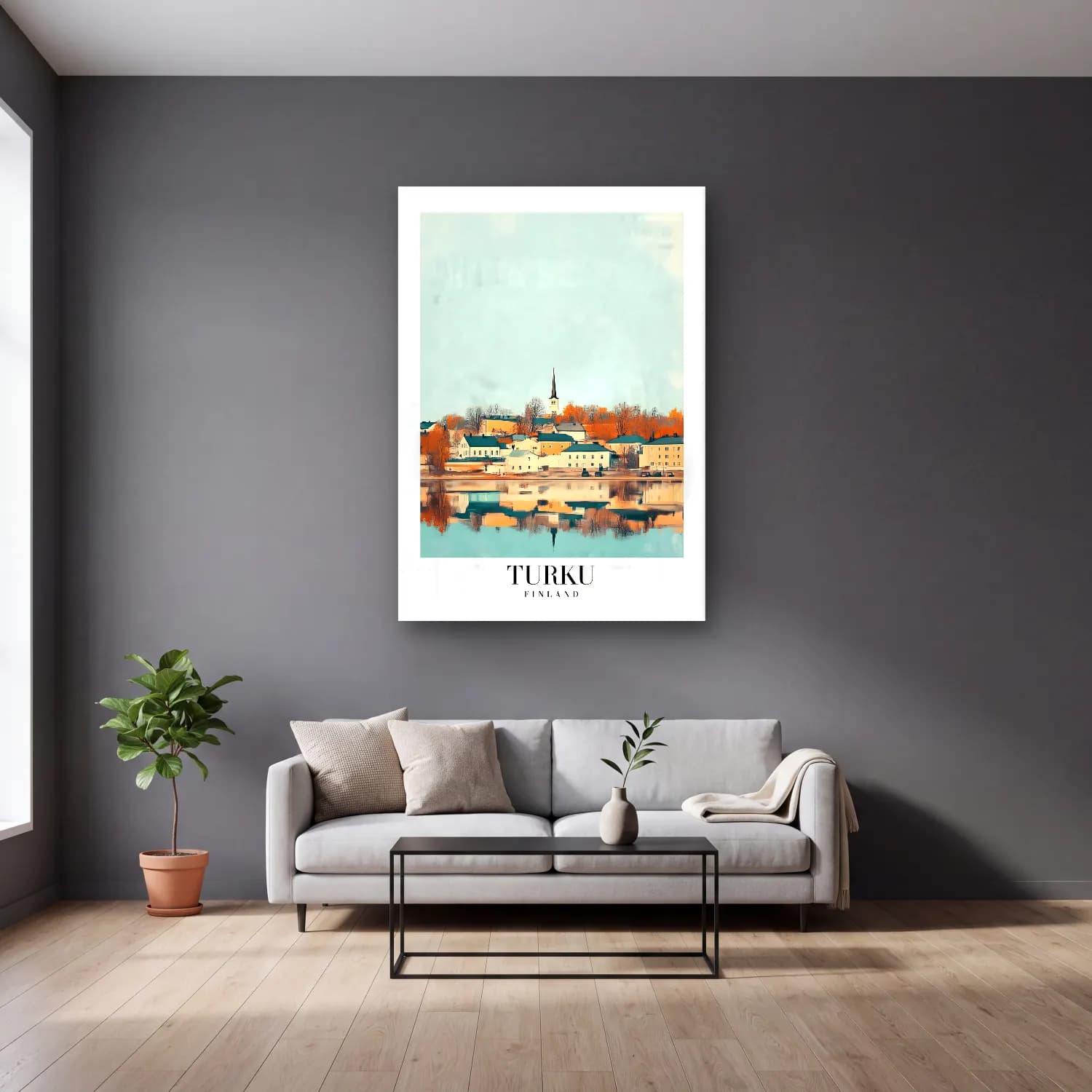 Pastel Katedral No. 16 cam tablo — gri duvarlı salonda