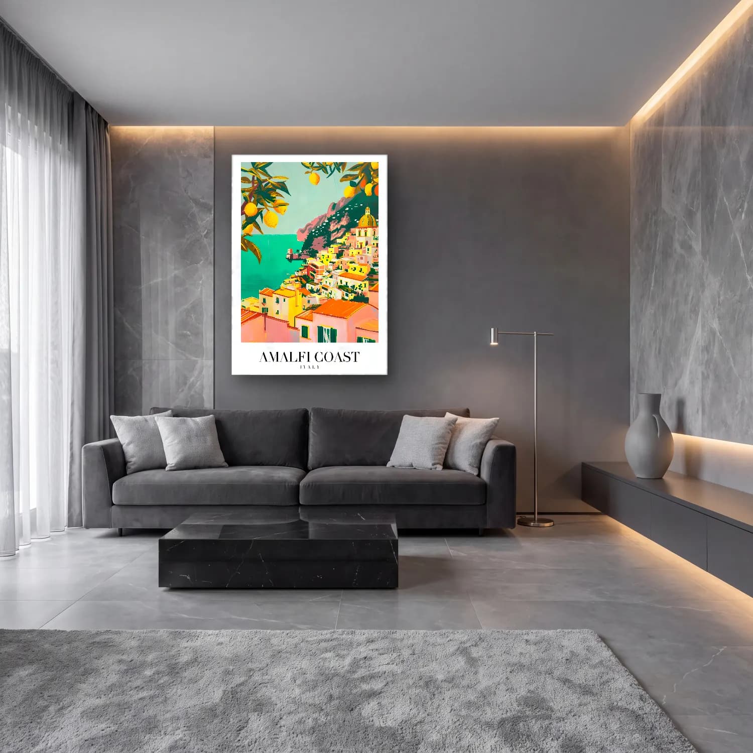 Pastel İtalyan Sahili No. 6 cam tablo — lüks salon duvarında