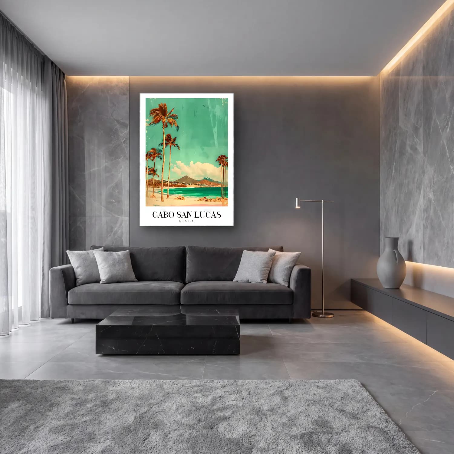 Pastel Palmiyeli Tropik Sahil No. 45 cam tablo — lüks salon duvarında
