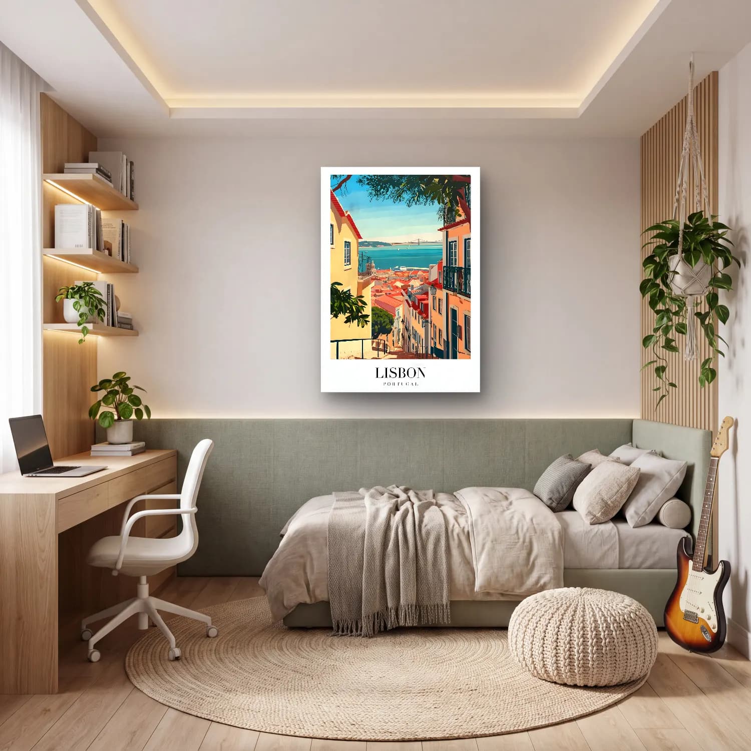 Pastel Akdeniz Sahil Kasabası – Turuncu Tonlar cam tablo — genç odasında