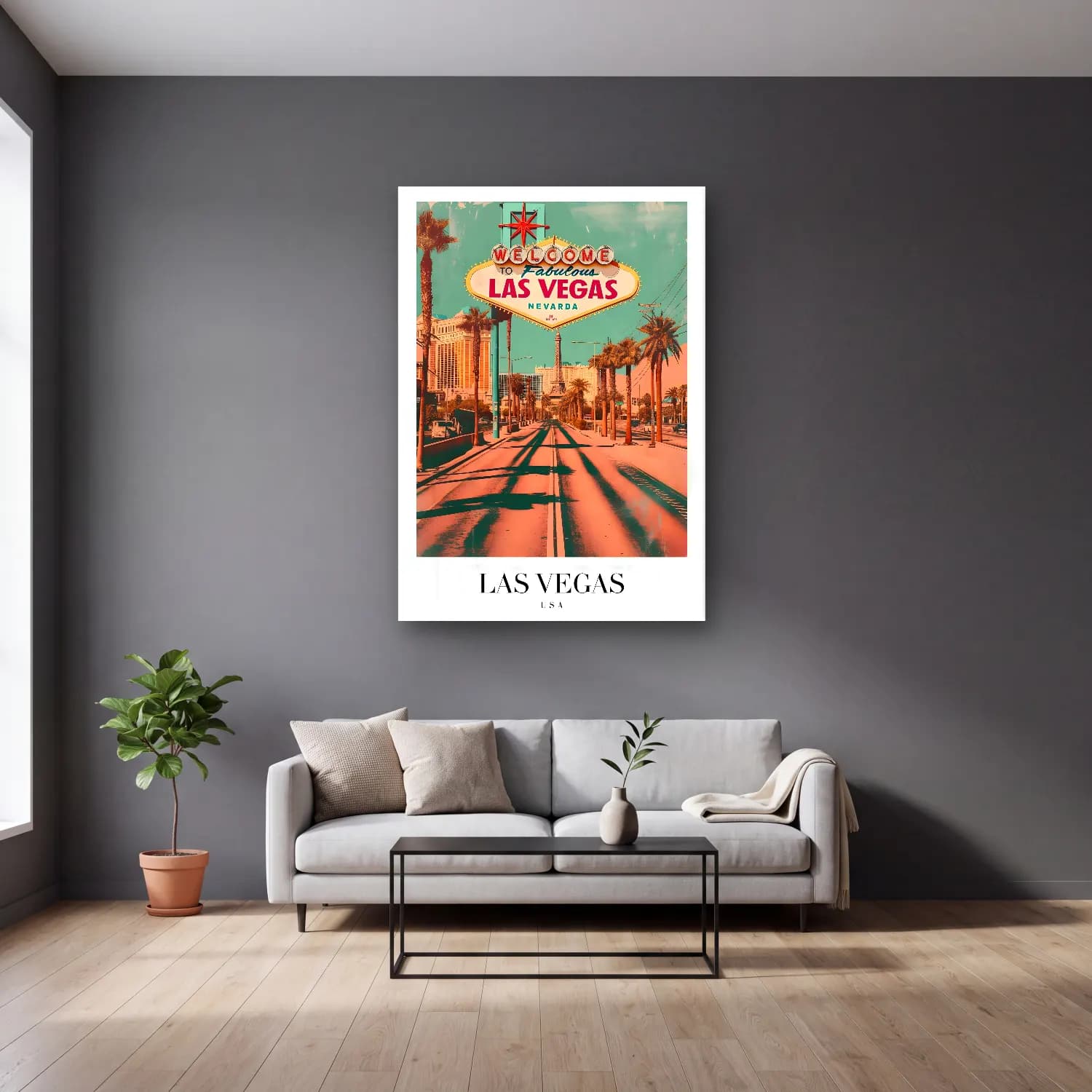 Vintage Poster Köy Sokağı – Pembe Tonlar cam tablo — gri duvarlı salonda