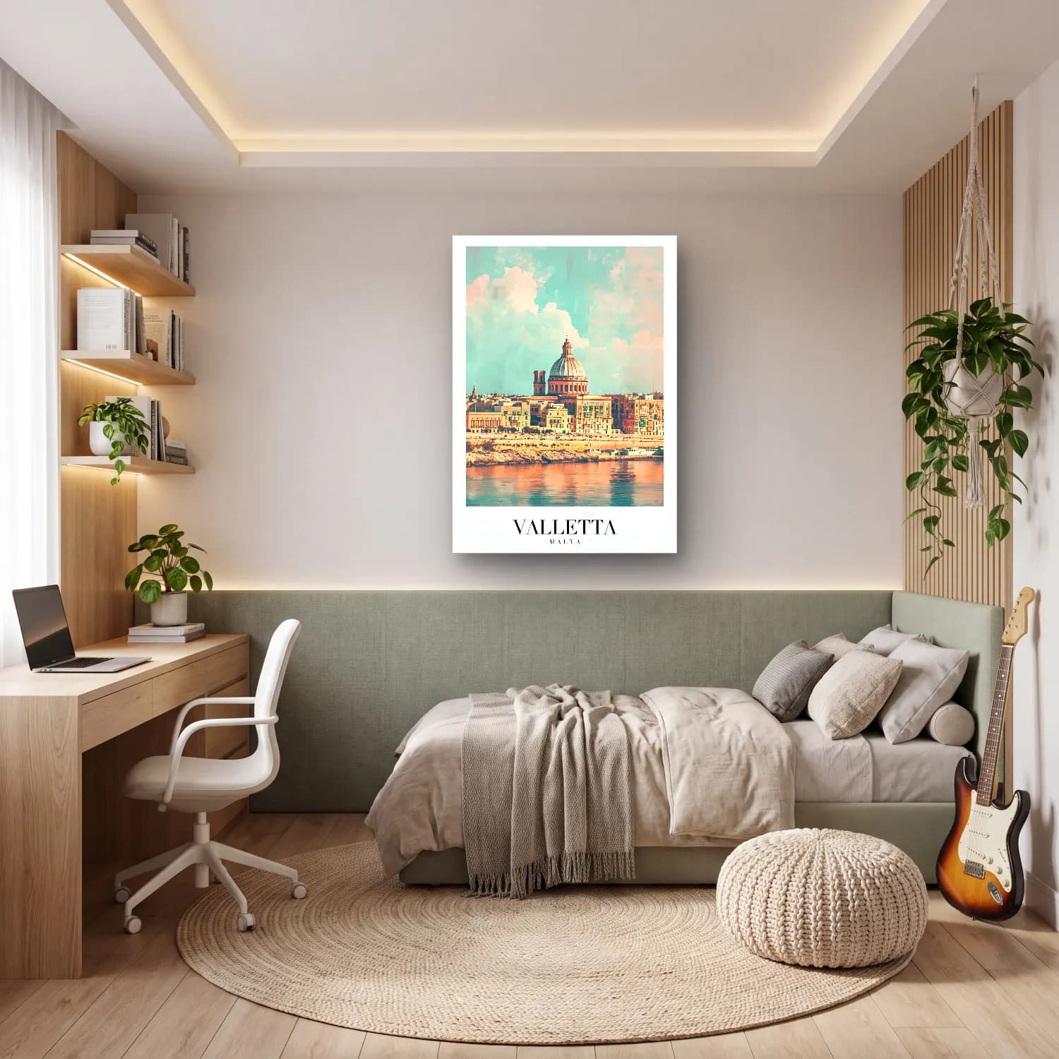 Pastel Akdeniz Sahil Kasabası No. 12 cam tablo — genç odasında