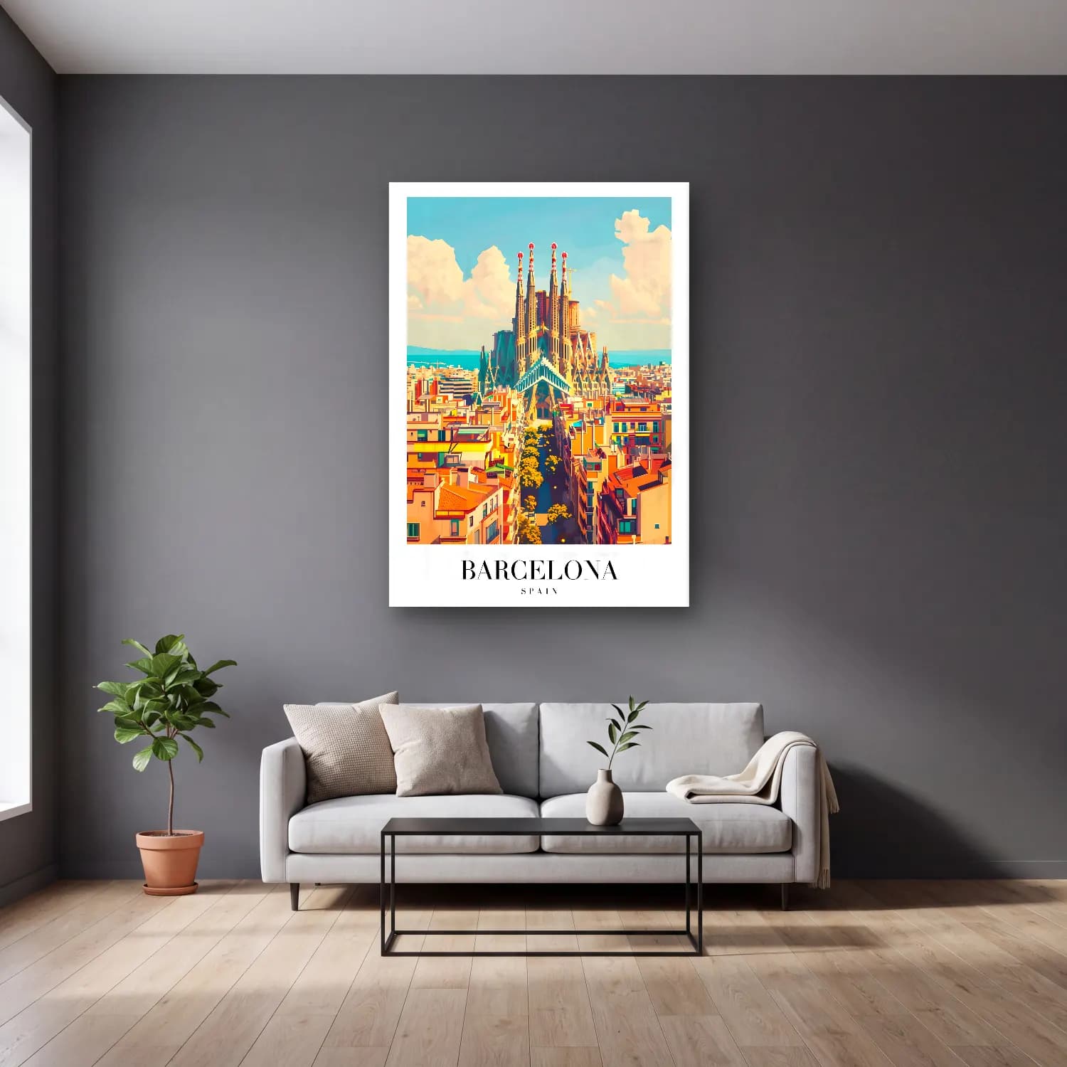 Vintage Poster Katedral No. 7 cam tablo — gri duvarlı salonda