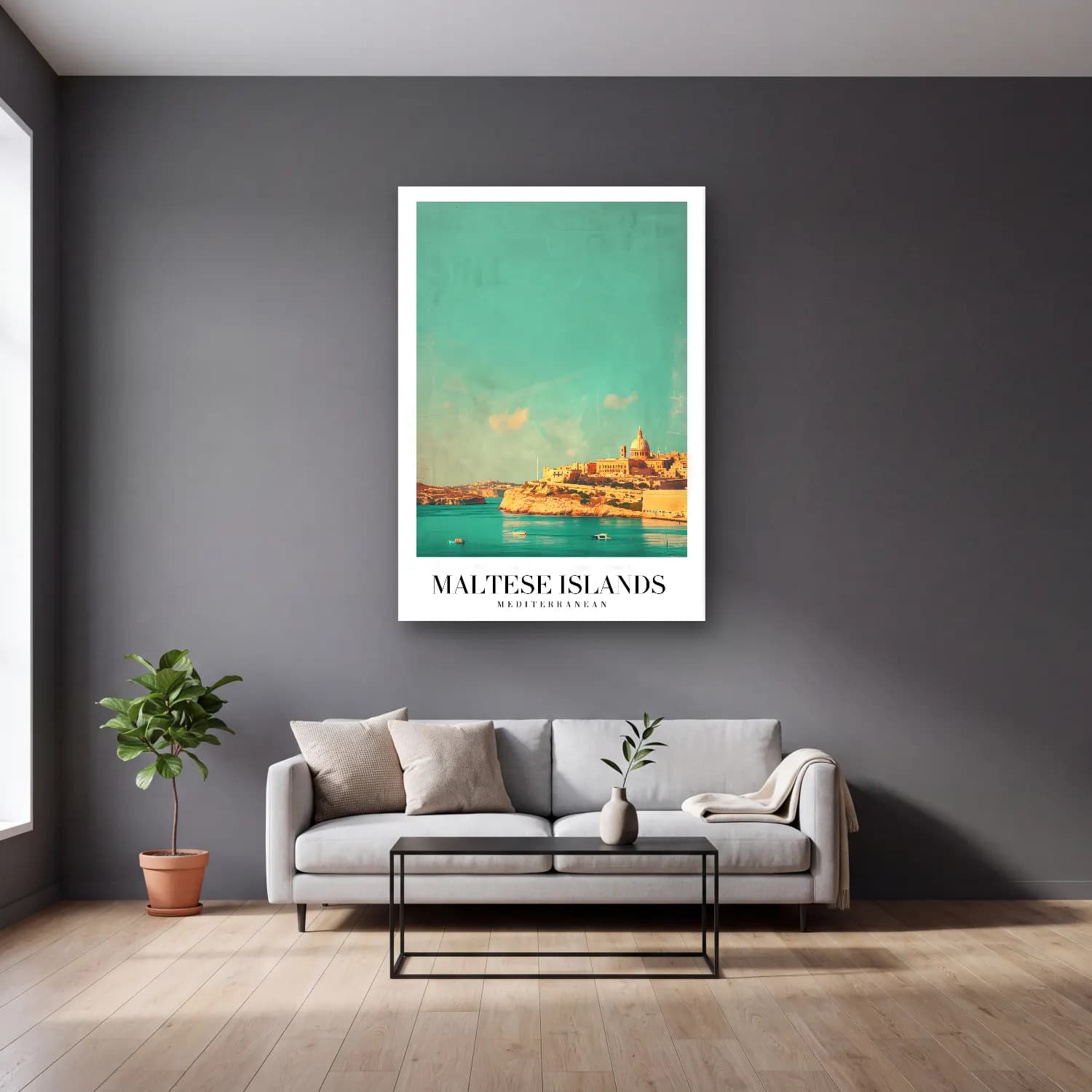 Vintage Poster Akdeniz Sahil Kasabası No. 11 cam tablo — gri duvarlı salonda