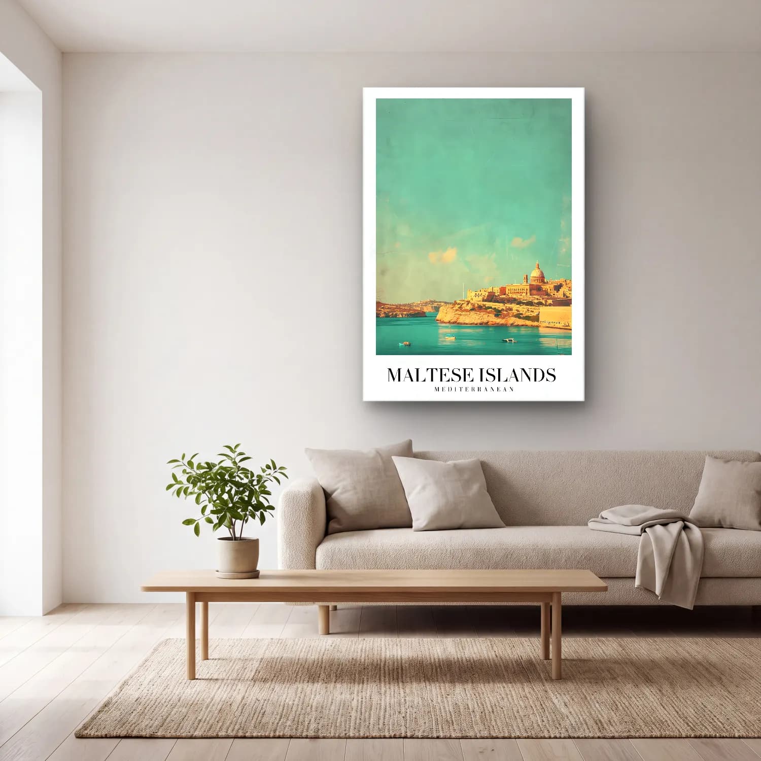 Vintage Poster Akdeniz Sahil Kasabası No. 11 cam tablo — açık renk salonda