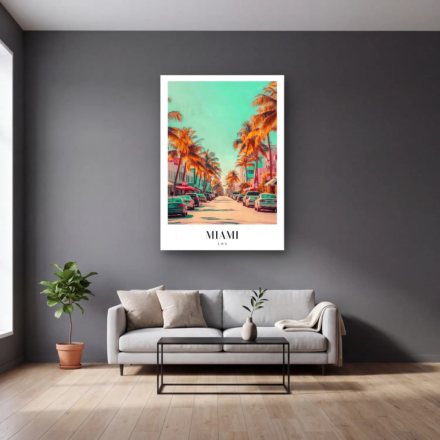 Pastel Köy Sokağı No. 6 cam tablo — gri duvarlı salonda