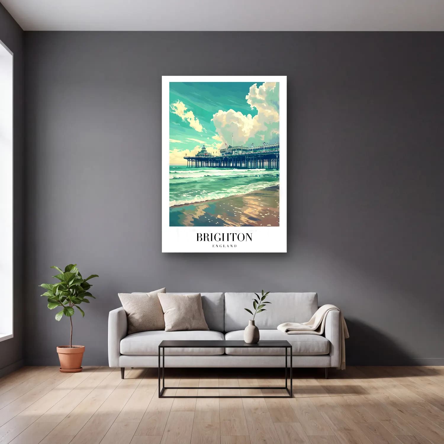 Pastel Dalgalı Sahil No. 24 cam tablo — gri duvarlı salonda