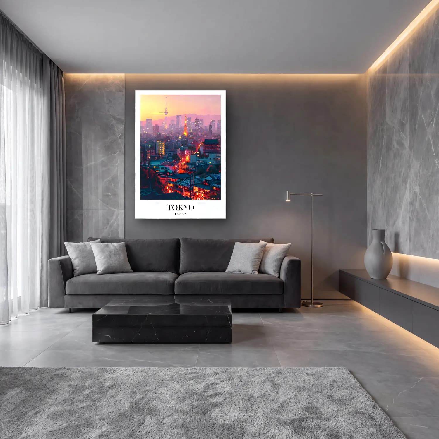 Pastel Japon Şehri No. 8 cam tablo — lüks salon duvarında