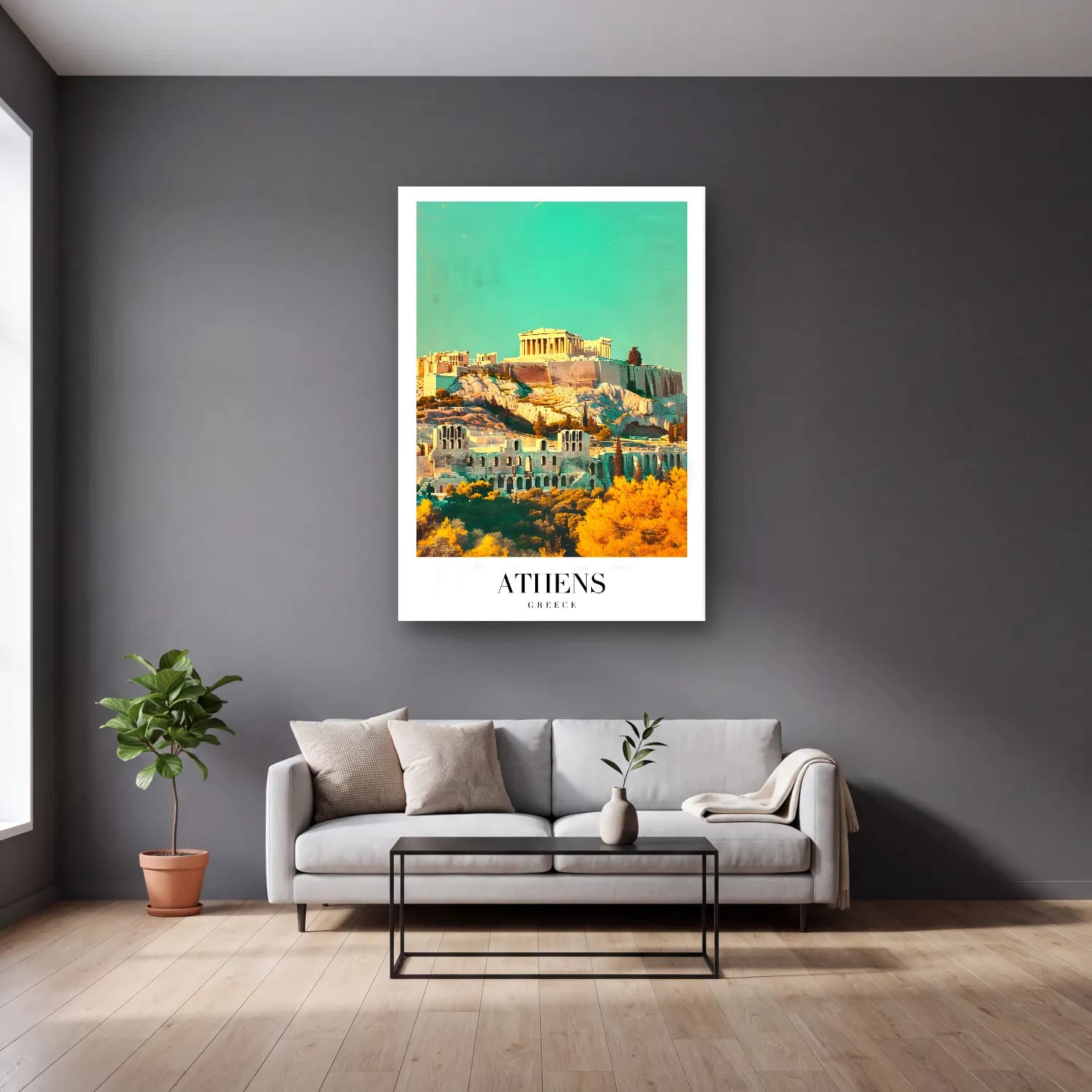 Vintage Poster Antik Kalıntılar – Turkuaz Tonlar cam tablo — gri duvarlı salonda