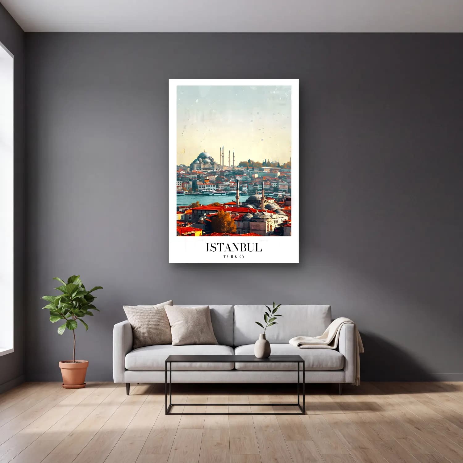 Vintage İstanbul No. 2 cam tablo — gri duvarlı salonda