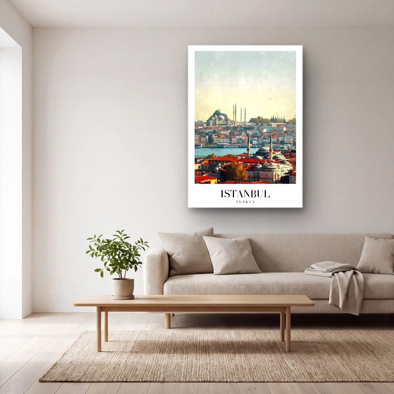 Vintage İstanbul No. 2 cam tablo — açık renk salonda