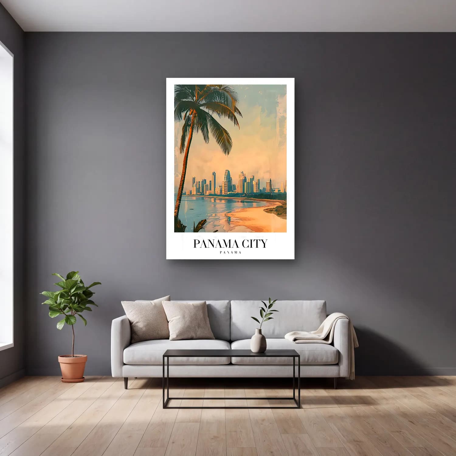 Pastel Palmiyeli Tropik Sahil No. 46 cam tablo — gri duvarlı salonda