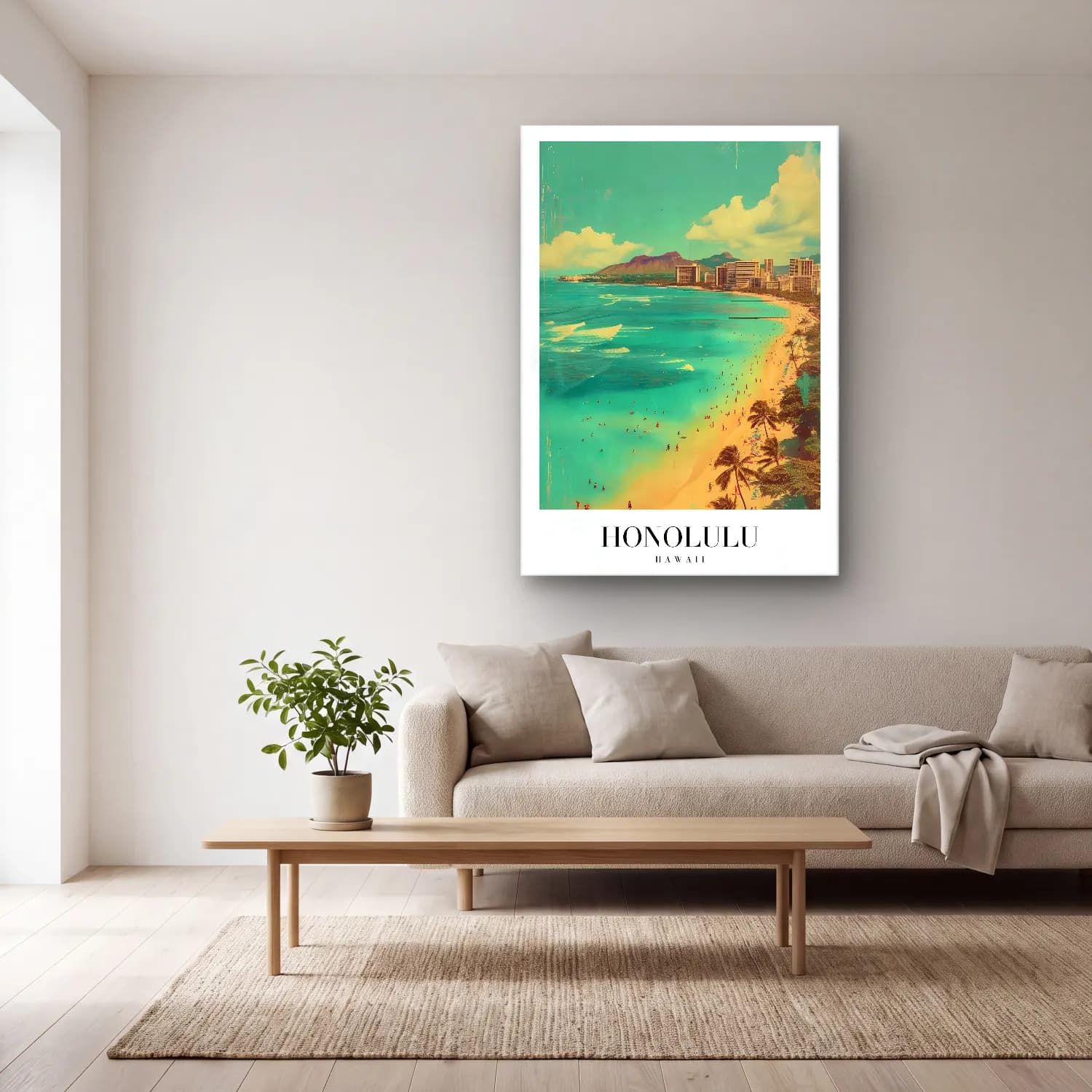 Vintage Poster Sahilde İnsanlar – Turkuaz Tonlar cam tablo — açık renk salonda
