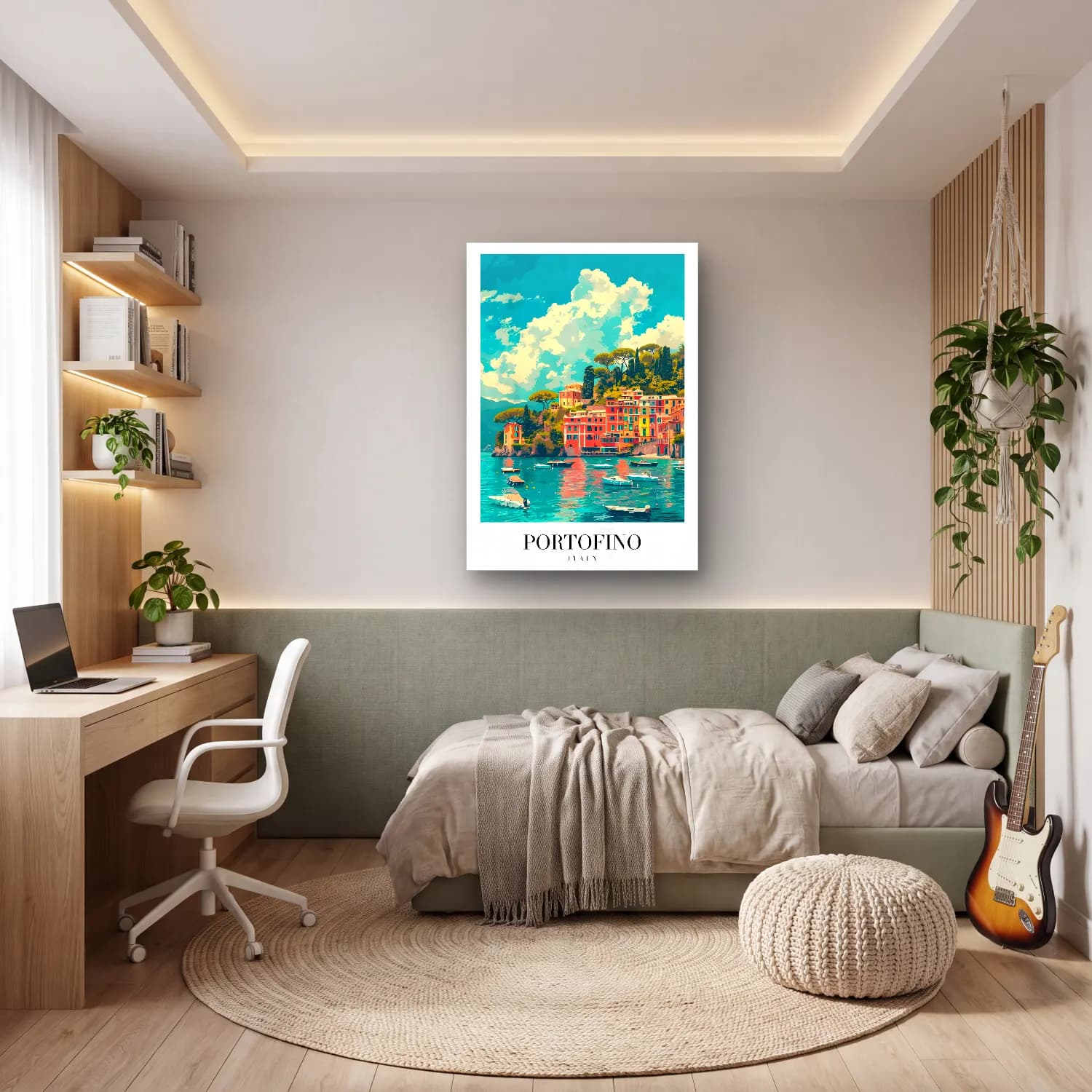Pastel Akdeniz Sahil Kasabası No. 13 cam tablo — genç odasında