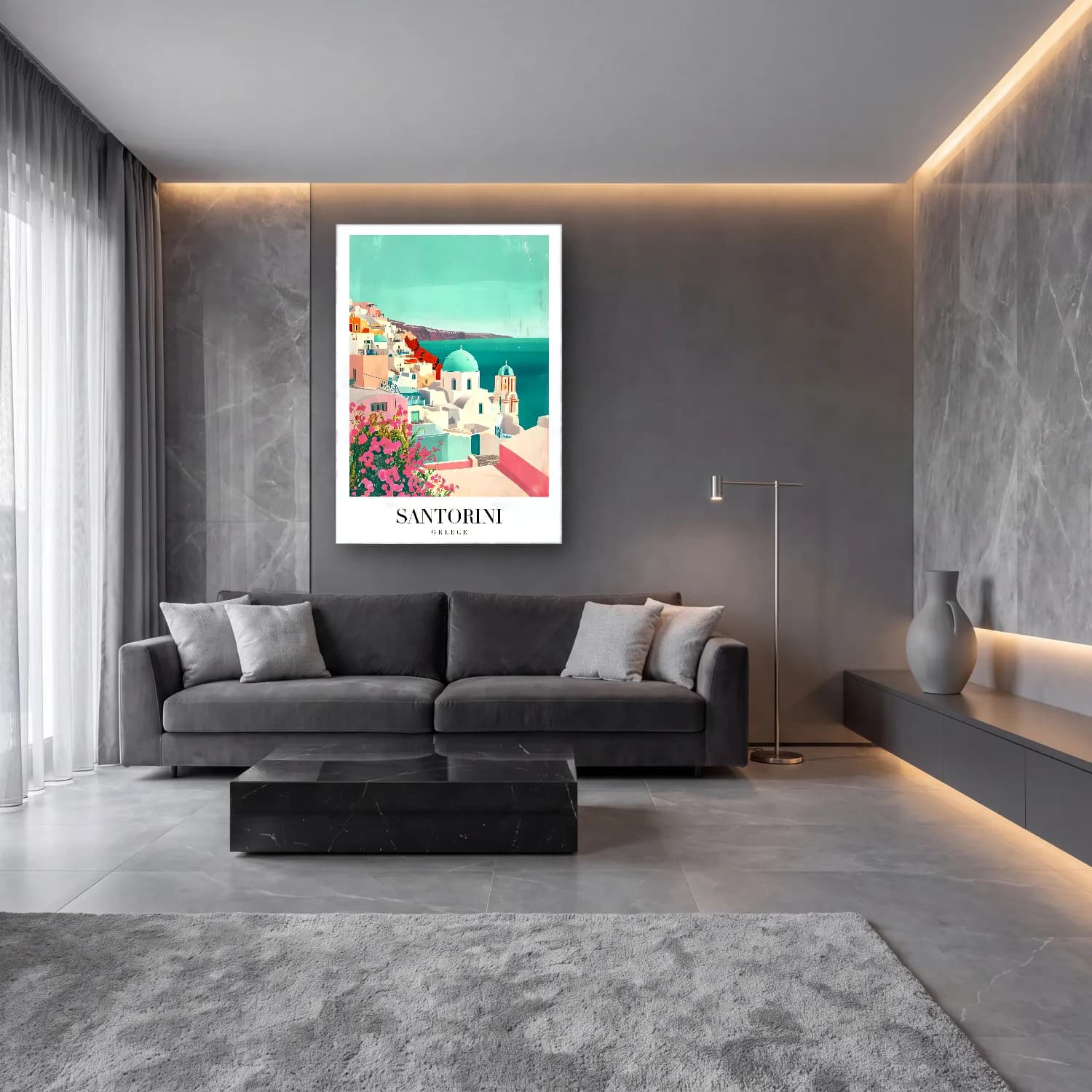 Pastel Yunan Adası – Pembe Tonlar cam tablo — lüks salon duvarında