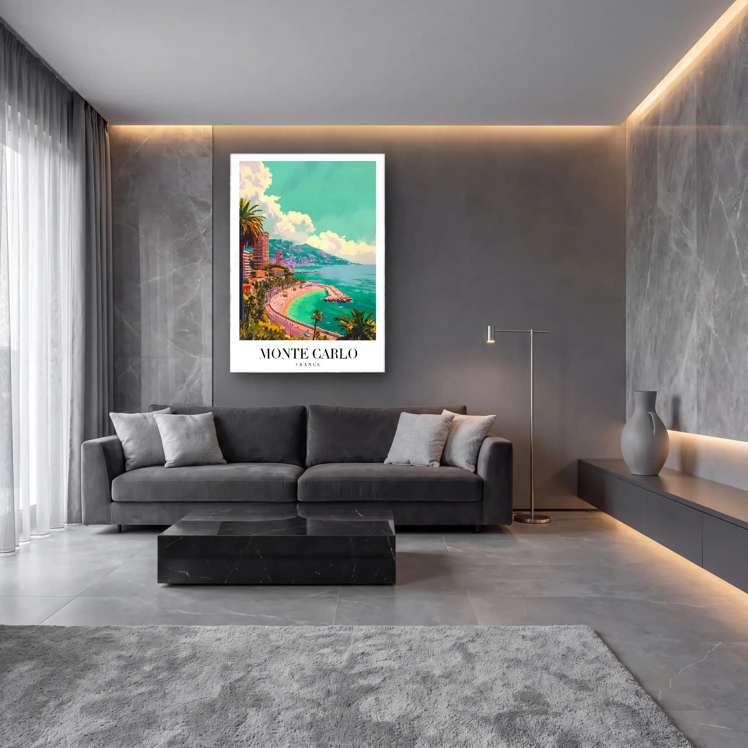 Pastel Akdeniz Sahil Kasabası No. 14 cam tablo — lüks salon duvarında