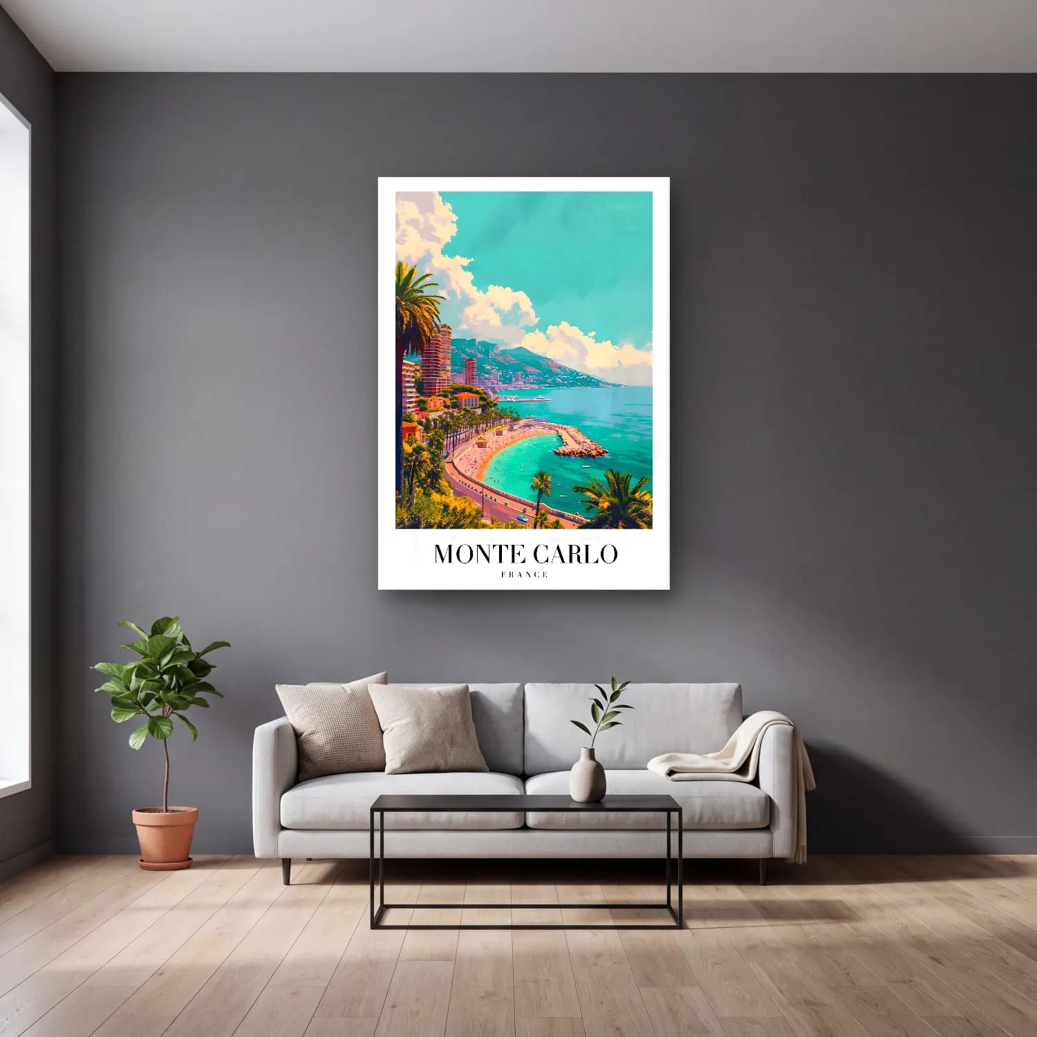 Pastel Akdeniz Sahil Kasabası No. 14 cam tablo — gri duvarlı salonda