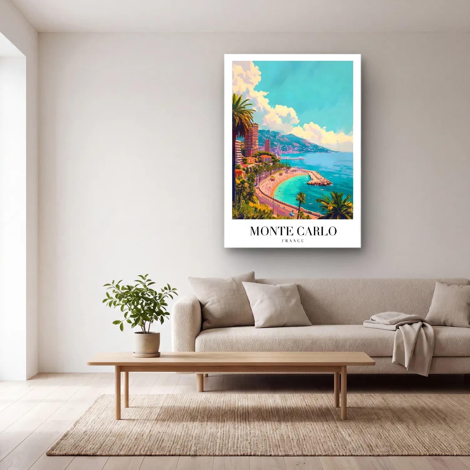 Pastel Akdeniz Sahil Kasabası No. 14 cam tablo — açık renk salonda