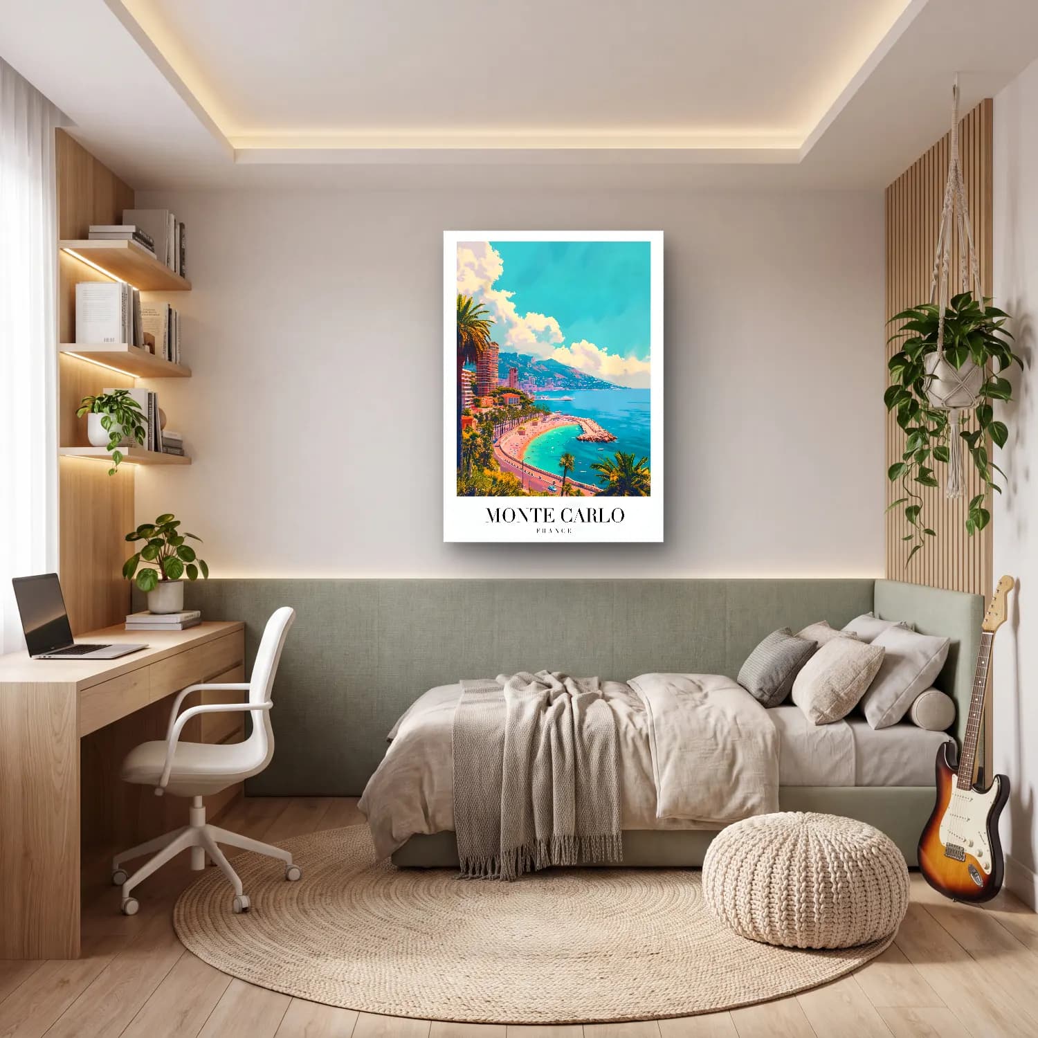 Pastel Akdeniz Sahil Kasabası No. 14 cam tablo — genç odasında