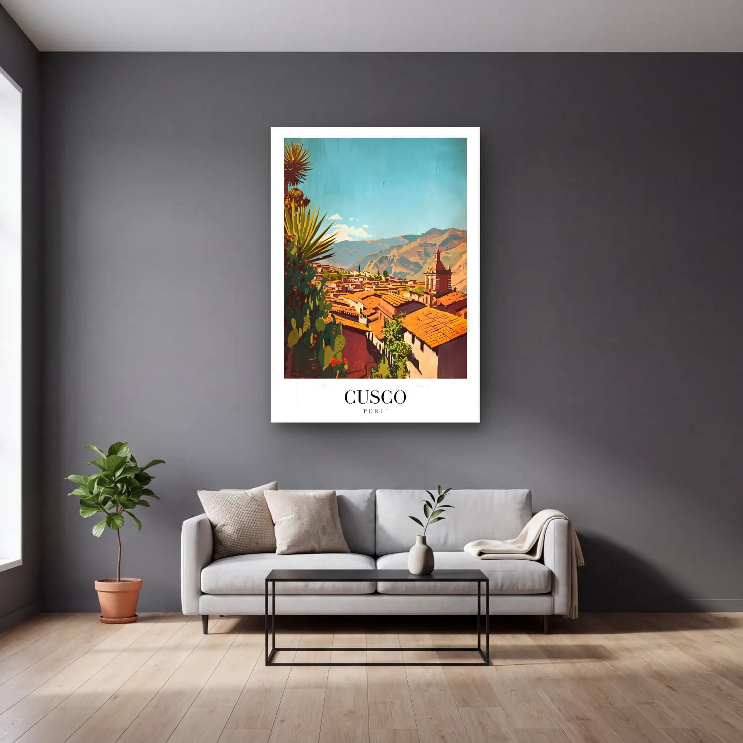 Vintage Poster Akdeniz Sahil Kasabası No. 12 cam tablo — gri duvarlı salonda