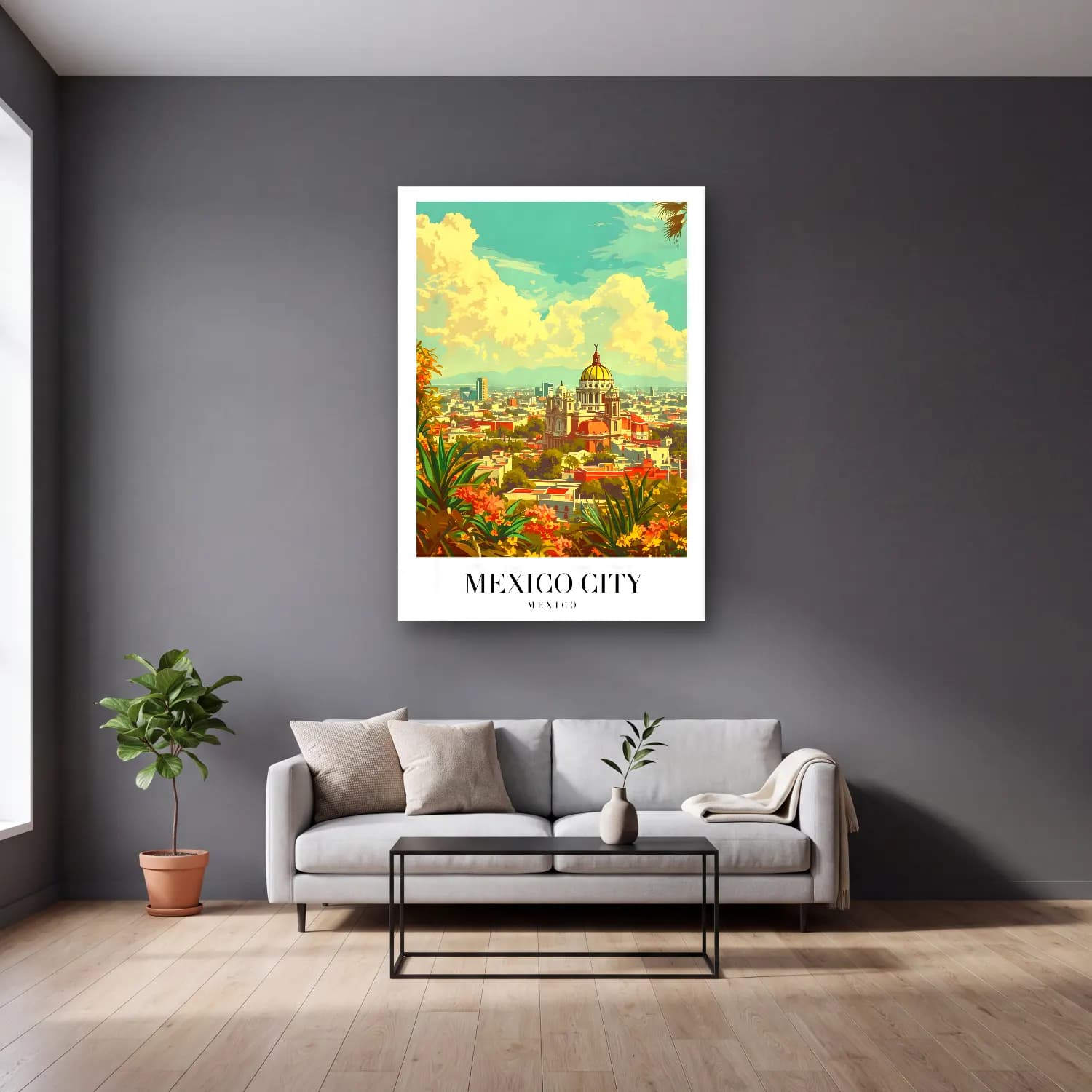 Vintage Poster Katedral No. 8 cam tablo — gri duvarlı salonda