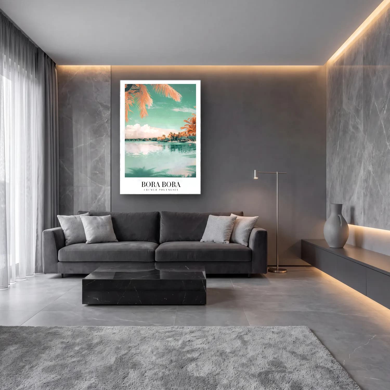 Pastel Palmiyeli Tropik Sahil No. 47 cam tablo — lüks salon duvarında