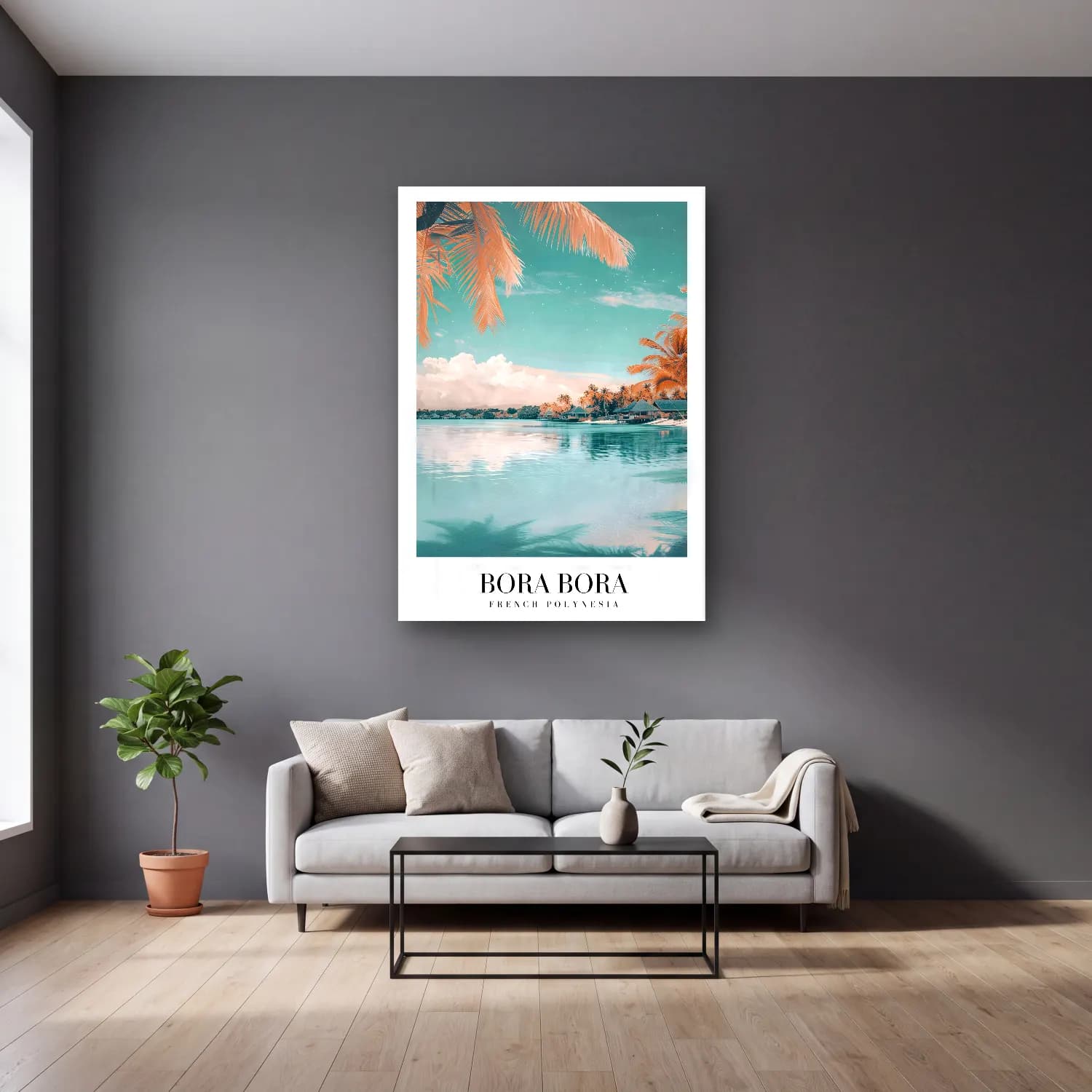 Pastel Palmiyeli Tropik Sahil No. 47 cam tablo — gri duvarlı salonda