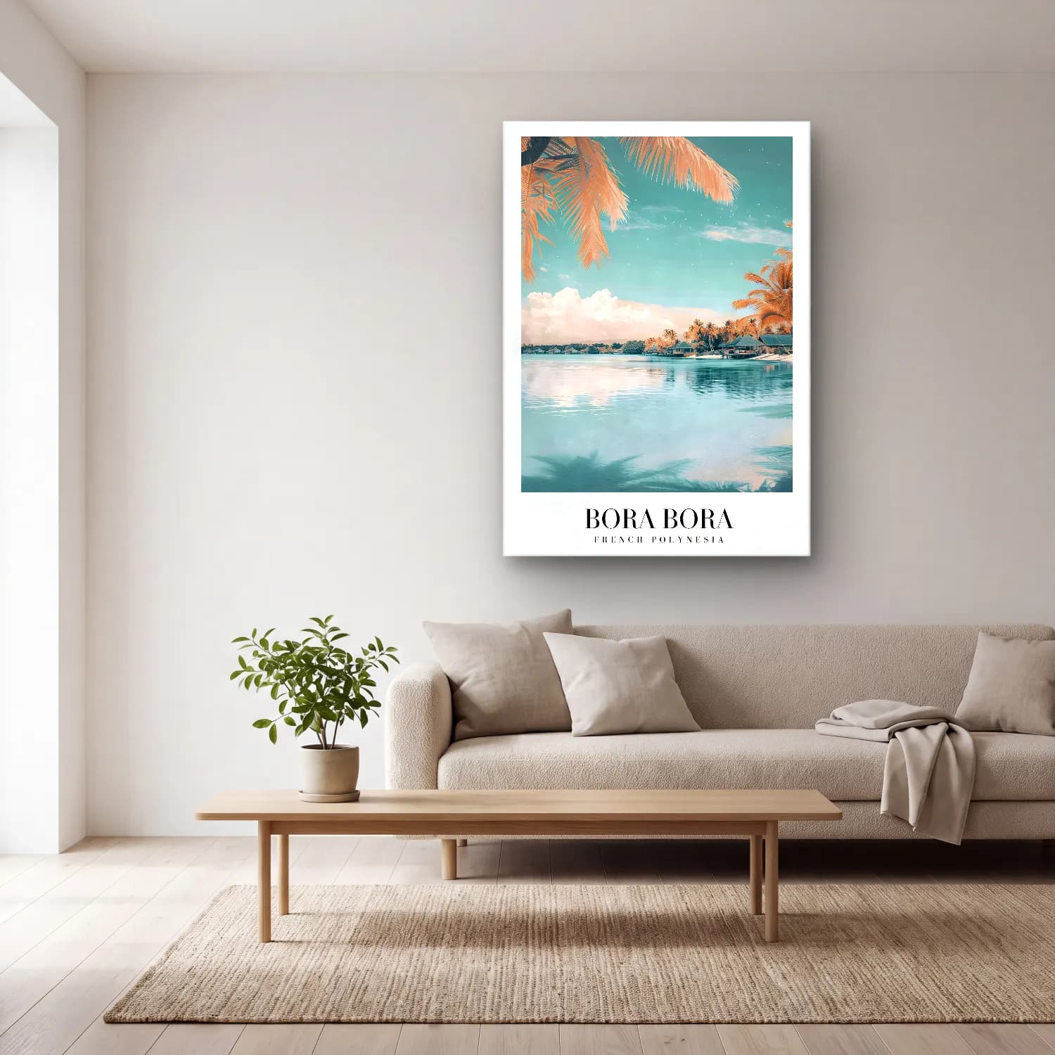Pastel Palmiyeli Tropik Sahil No. 47 cam tablo — açık renk salonda