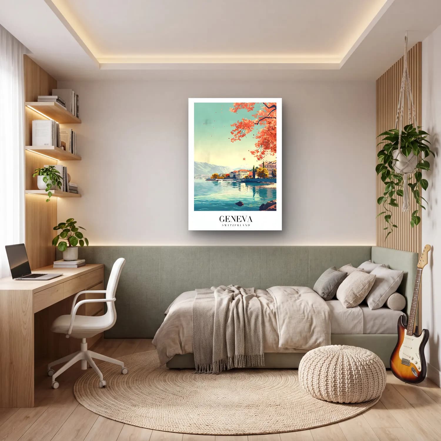 Pastel Göl ve Dağlar – Turkuaz Tonlar cam tablo — genç odasında