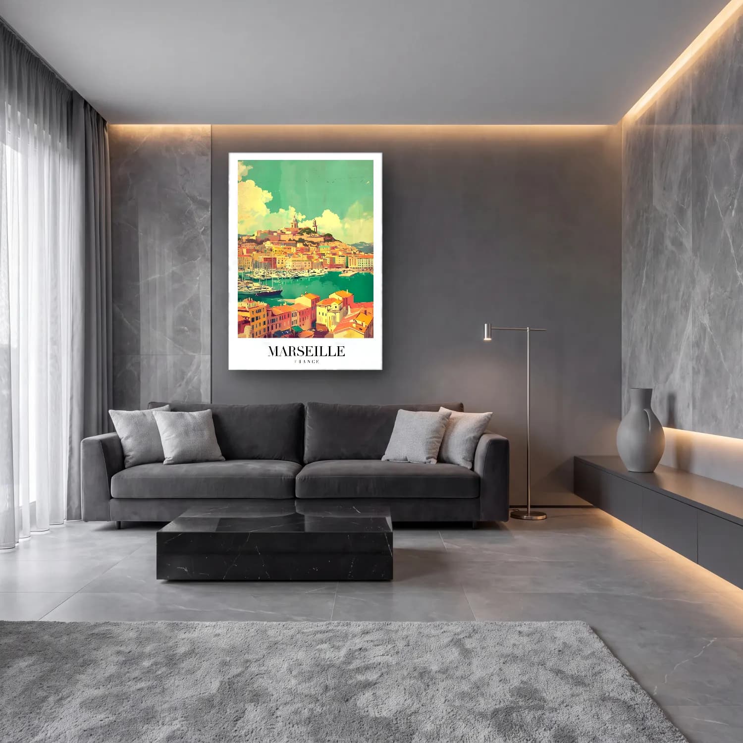 Vintage Poster Akdeniz Sahil Kasabası No. 13 cam tablo — lüks salon duvarında