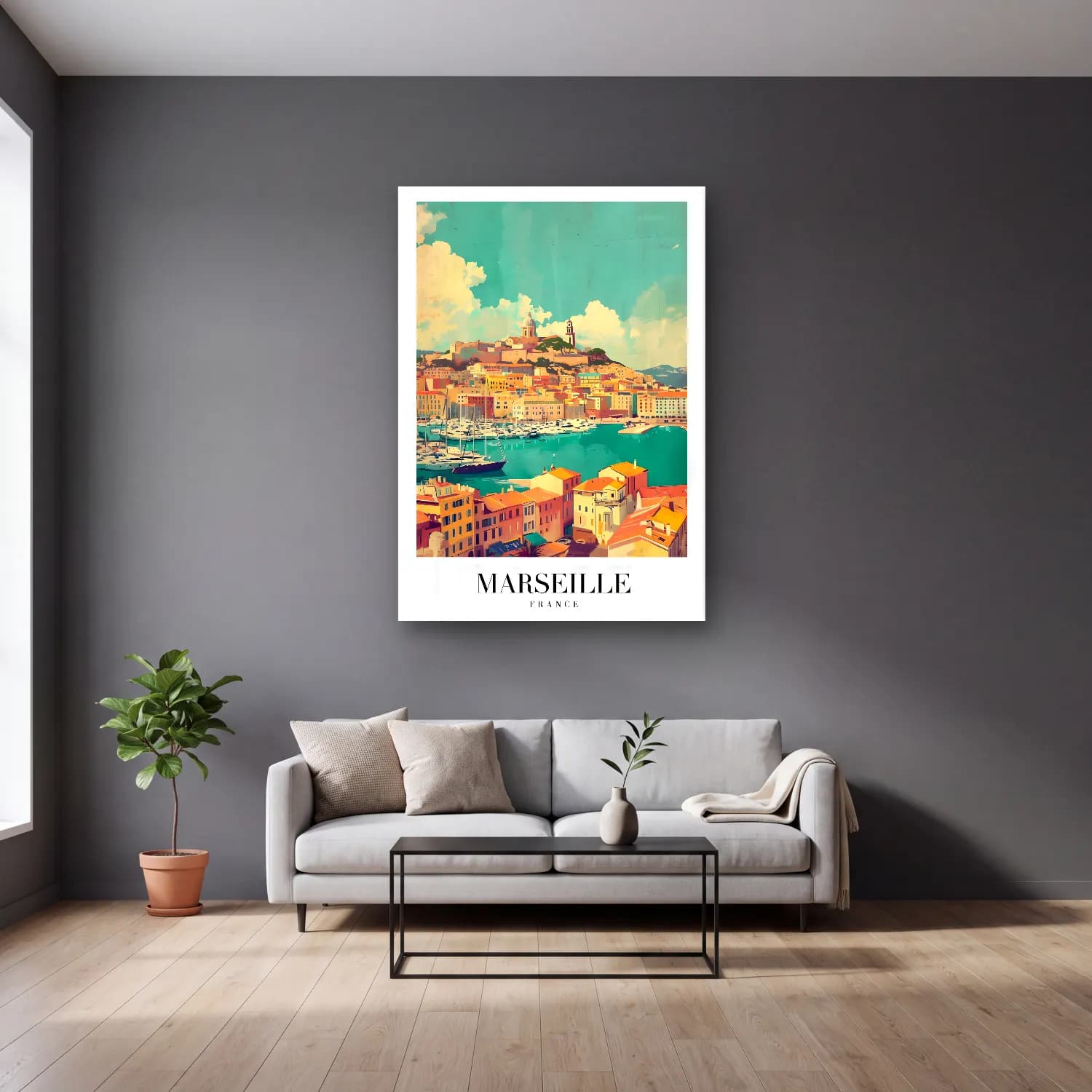 Vintage Poster Akdeniz Sahil Kasabası No. 13 cam tablo — gri duvarlı salonda