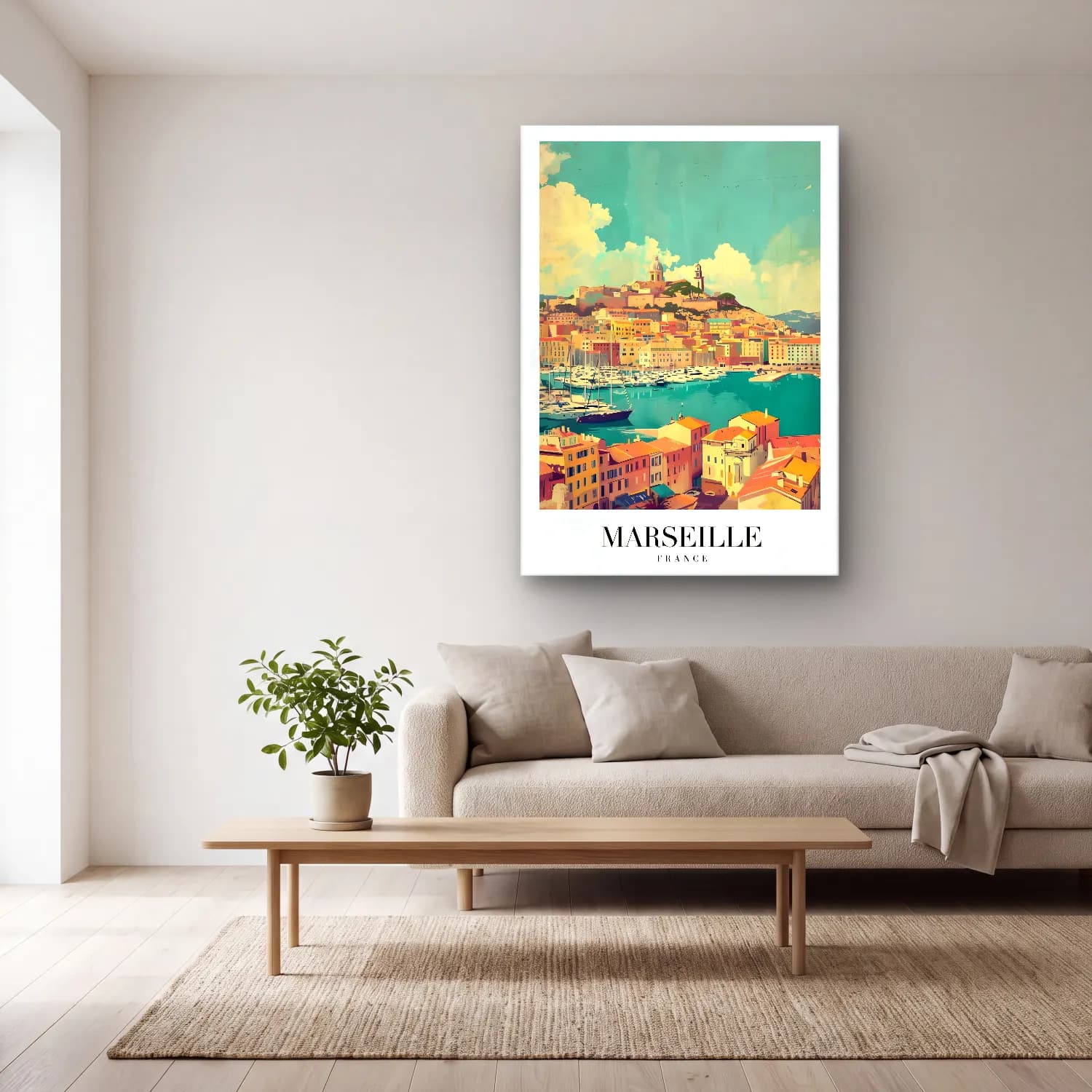 Vintage Poster Akdeniz Sahil Kasabası No. 13 cam tablo — açık renk salonda