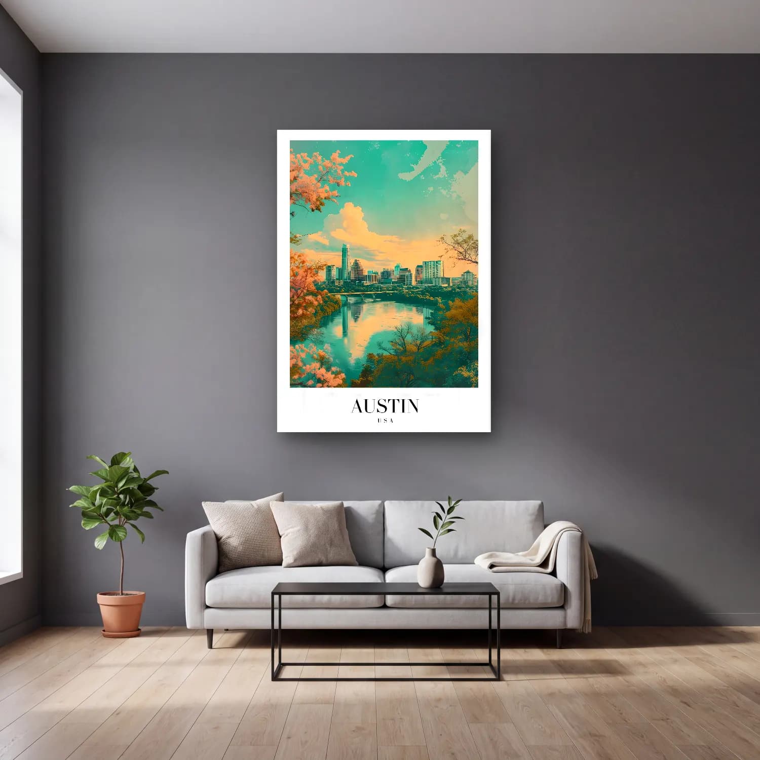 Pastel Kiraz Çiçekleri No. 20 cam tablo — gri duvarlı salonda