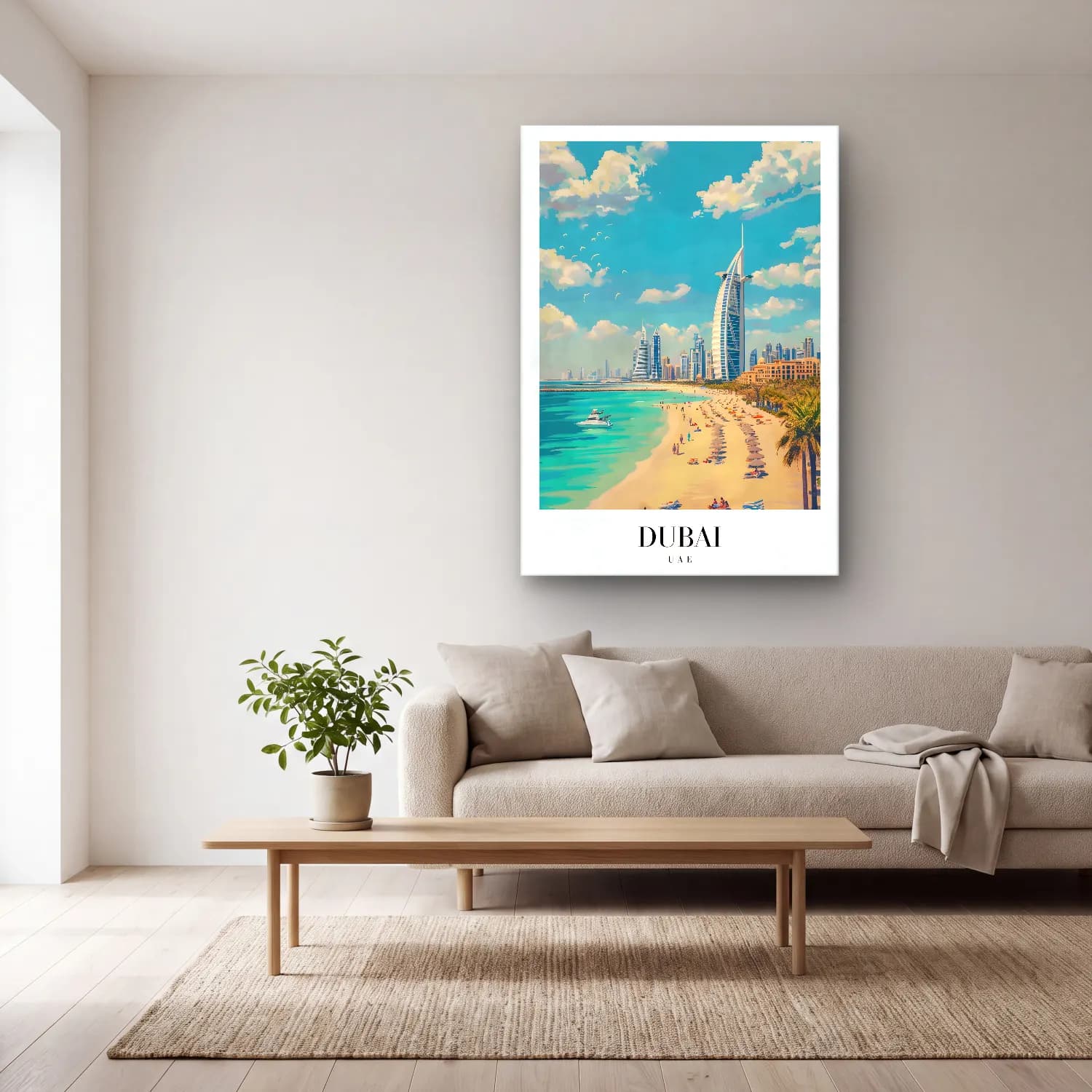 Vintage Poster Akdeniz Sahil Kasabası No. 14 cam tablo — açık renk salonda