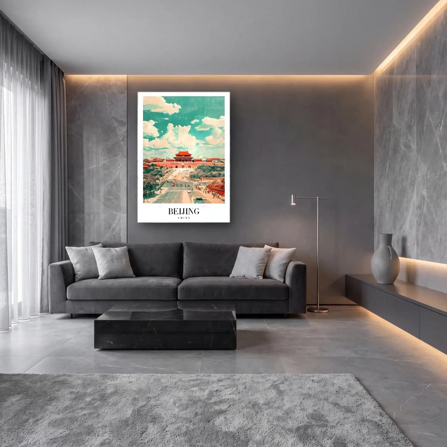 Pastel Japon Şehri No. 10 cam tablo — lüks salon duvarında