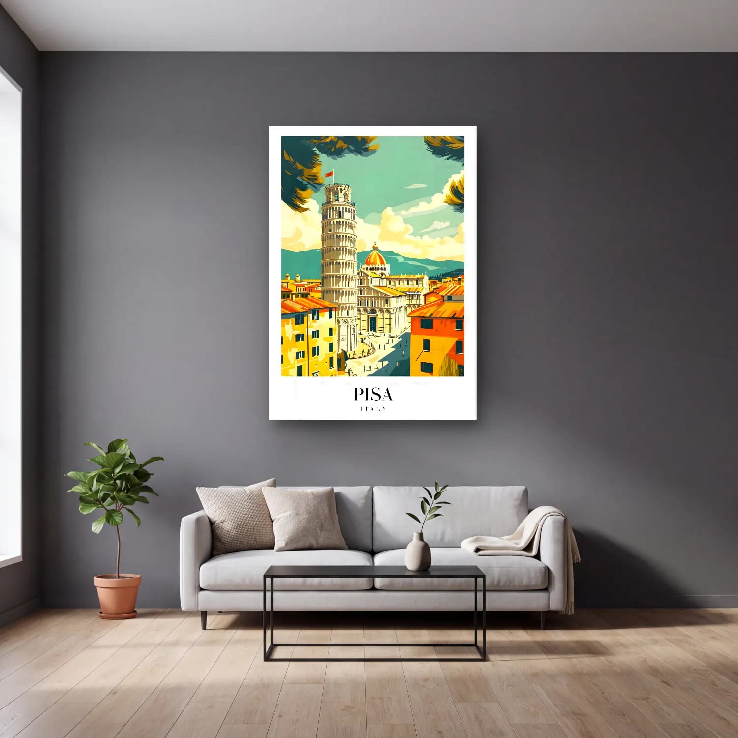 Vintage Poster Katedral No. 9 cam tablo — gri duvarlı salonda