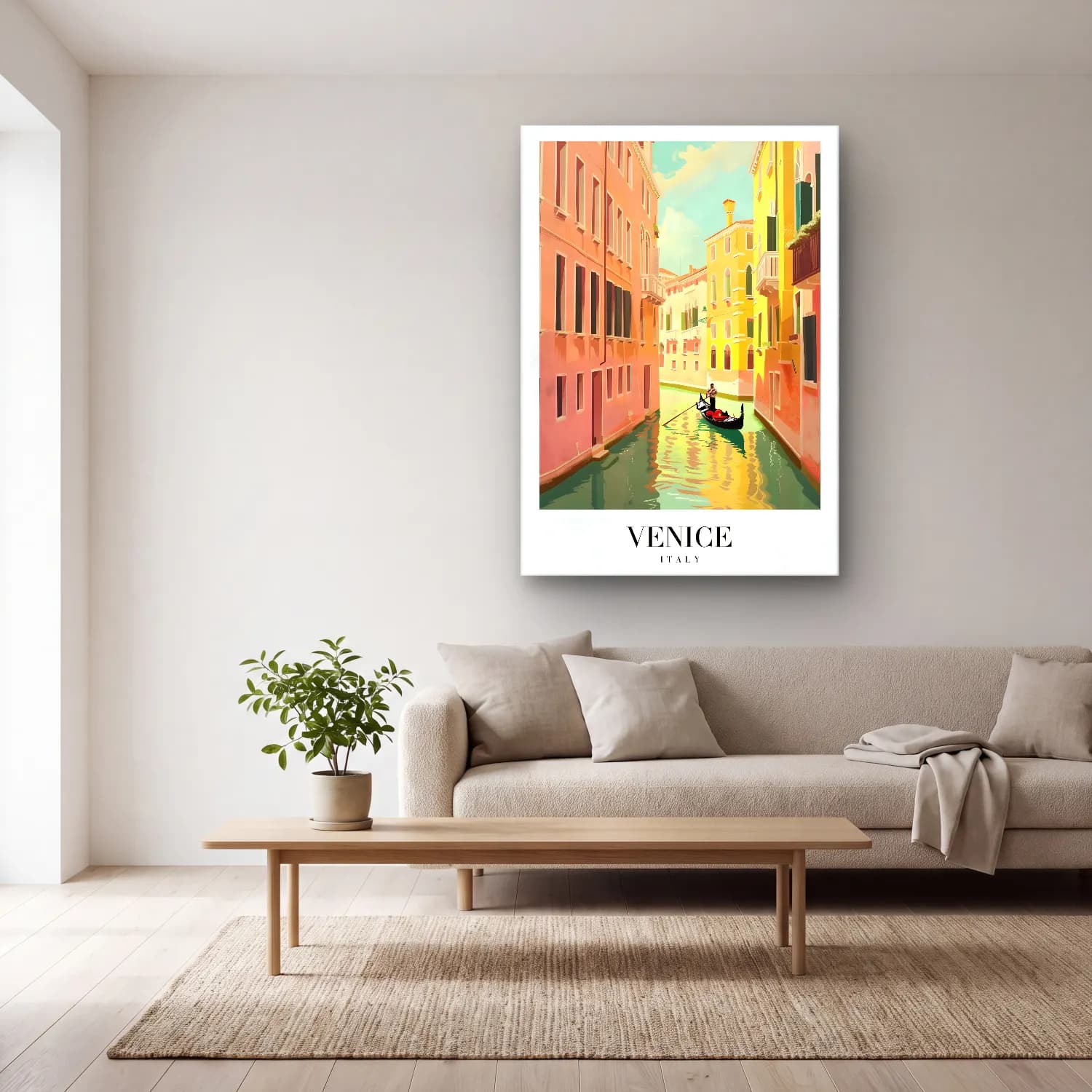 Pastel Venedik Kanalları No. 3 cam tablo — açık renk salonda
