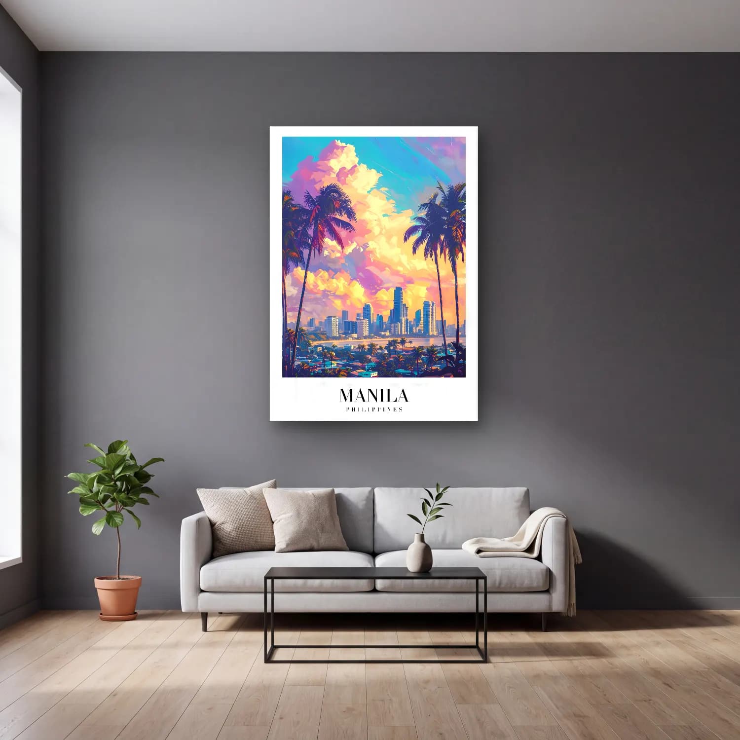 Pastel Palmiyeli Tropik Sahil No. 48 cam tablo — gri duvarlı salonda