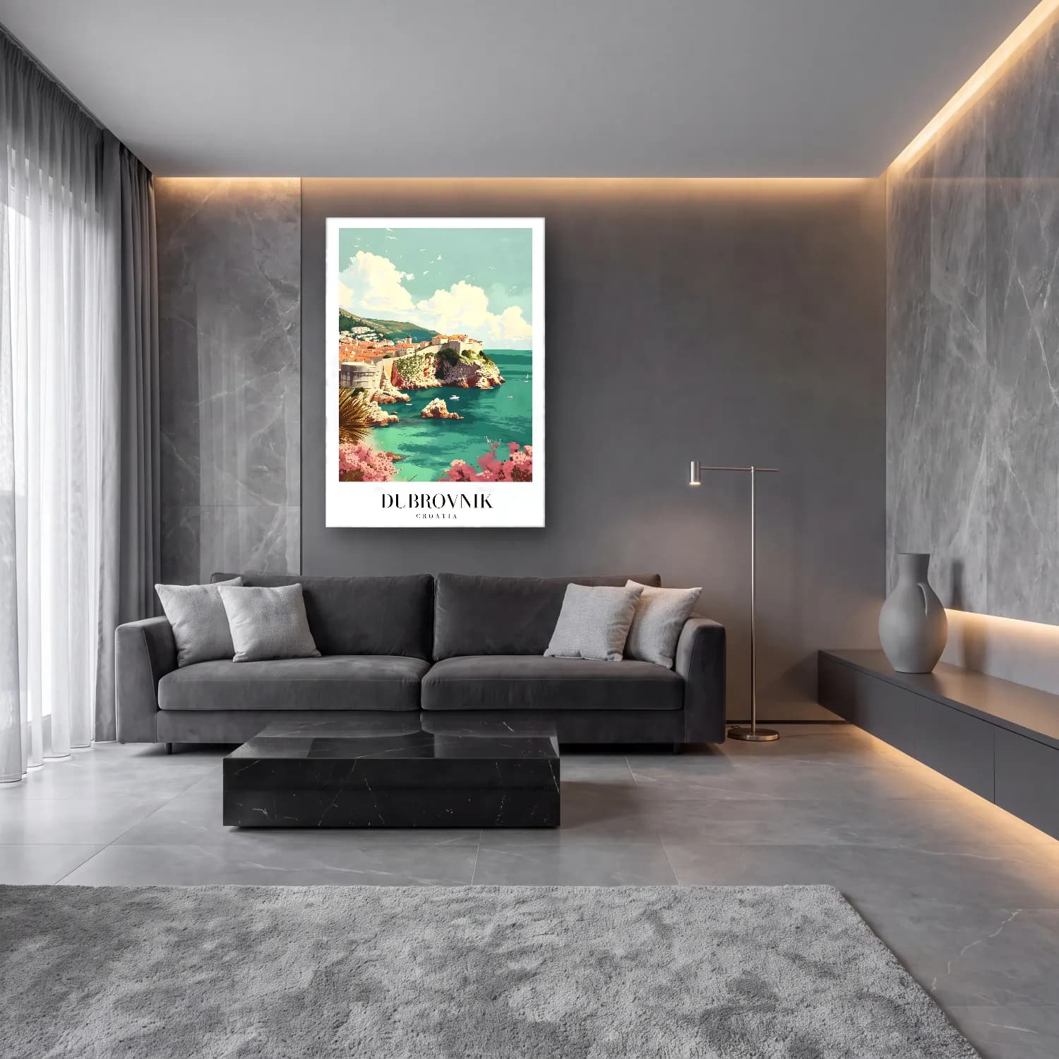 Pastel Akdeniz Sahil Kasabası No. 15 cam tablo — lüks salon duvarında