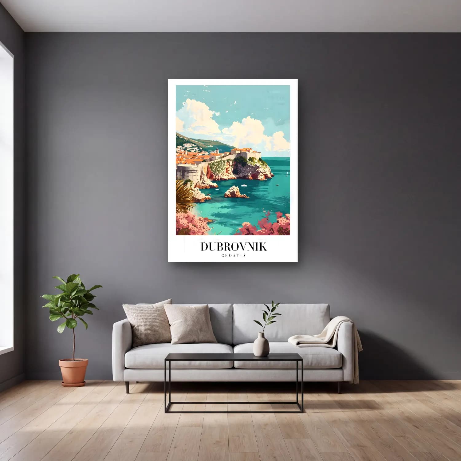 Pastel Akdeniz Sahil Kasabası No. 15 cam tablo — gri duvarlı salonda