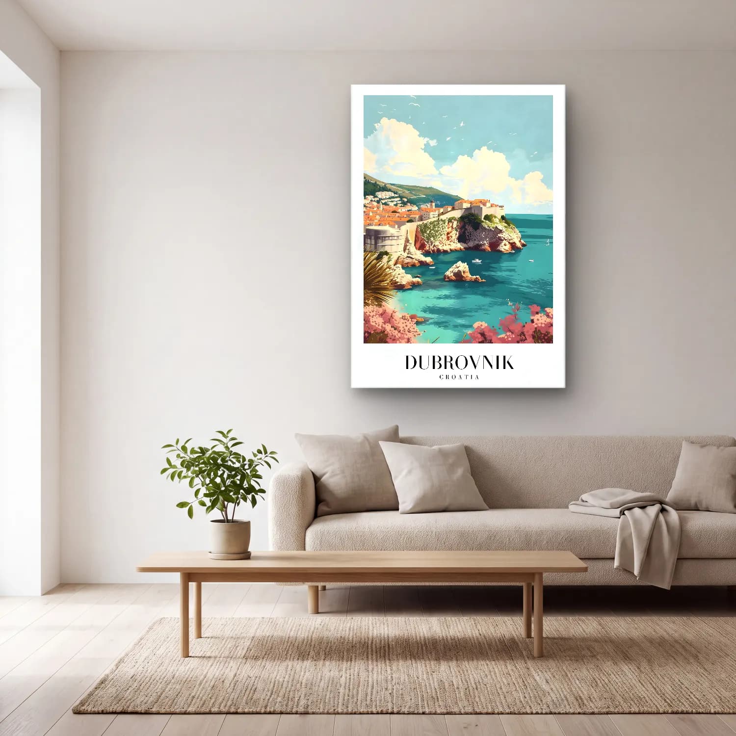 Pastel Akdeniz Sahil Kasabası No. 15 cam tablo — açık renk salonda