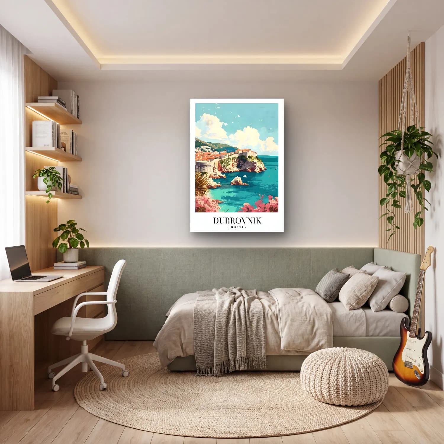Pastel Akdeniz Sahil Kasabası No. 15 cam tablo — genç odasında