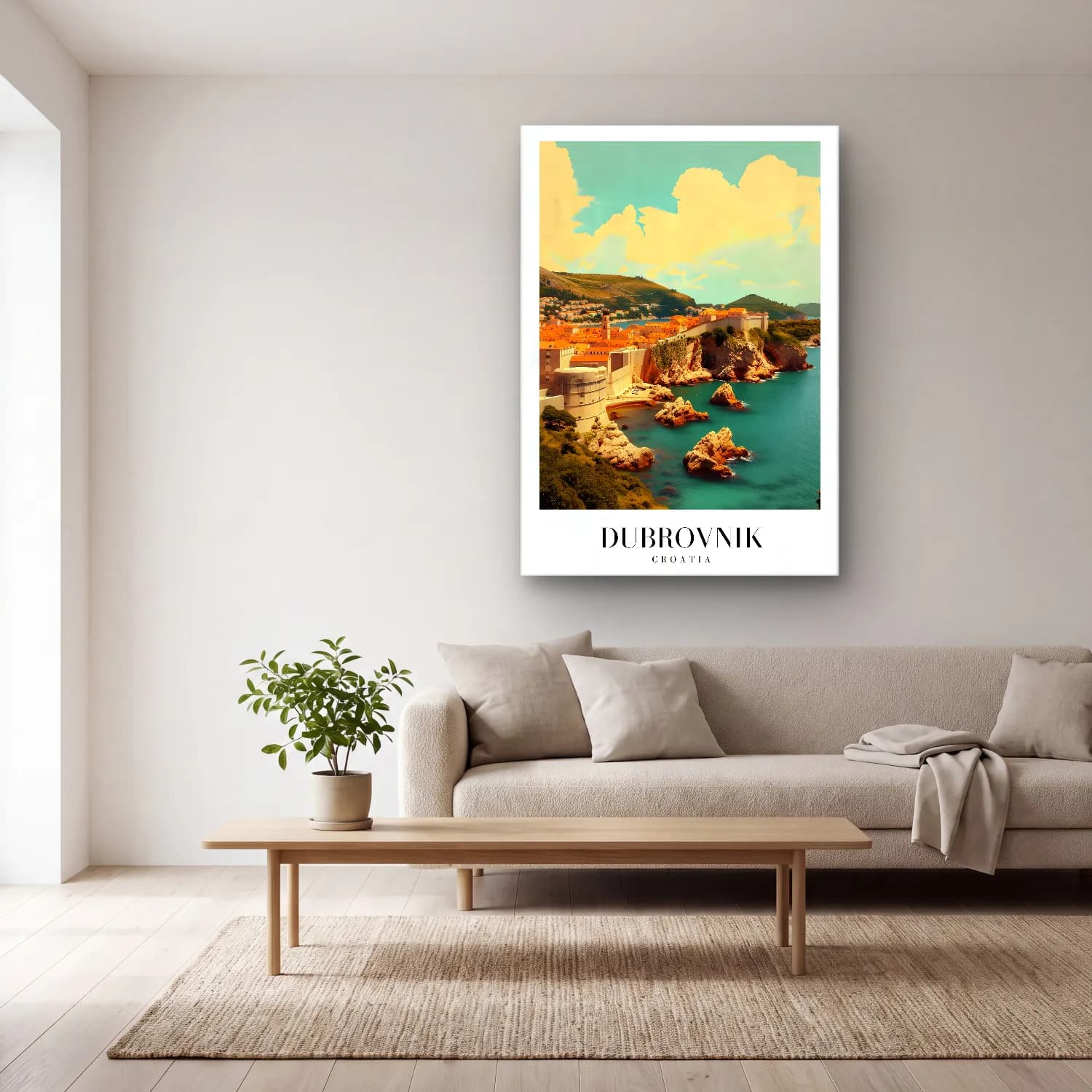 Vintage Poster Akdeniz Sahil Kasabası No. 15 cam tablo — açık renk salonda