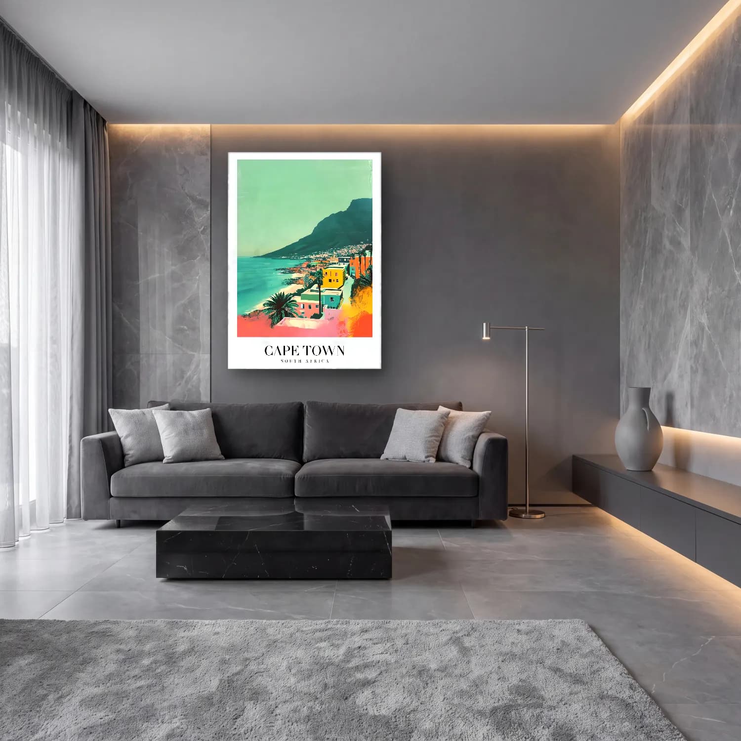 Pastel Akdeniz Sahil Kasabası No. 16 cam tablo — lüks salon duvarında