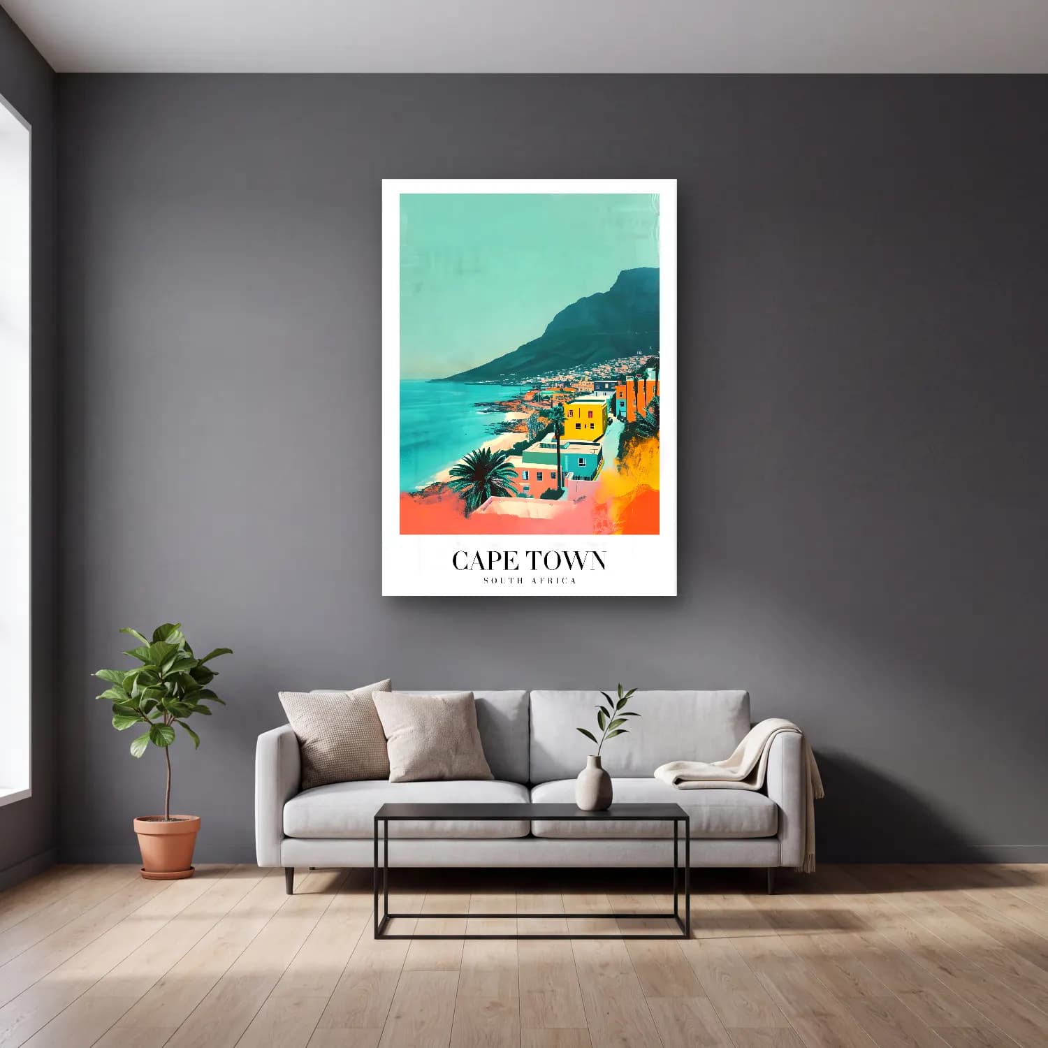 Pastel Akdeniz Sahil Kasabası No. 16 cam tablo — gri duvarlı salonda